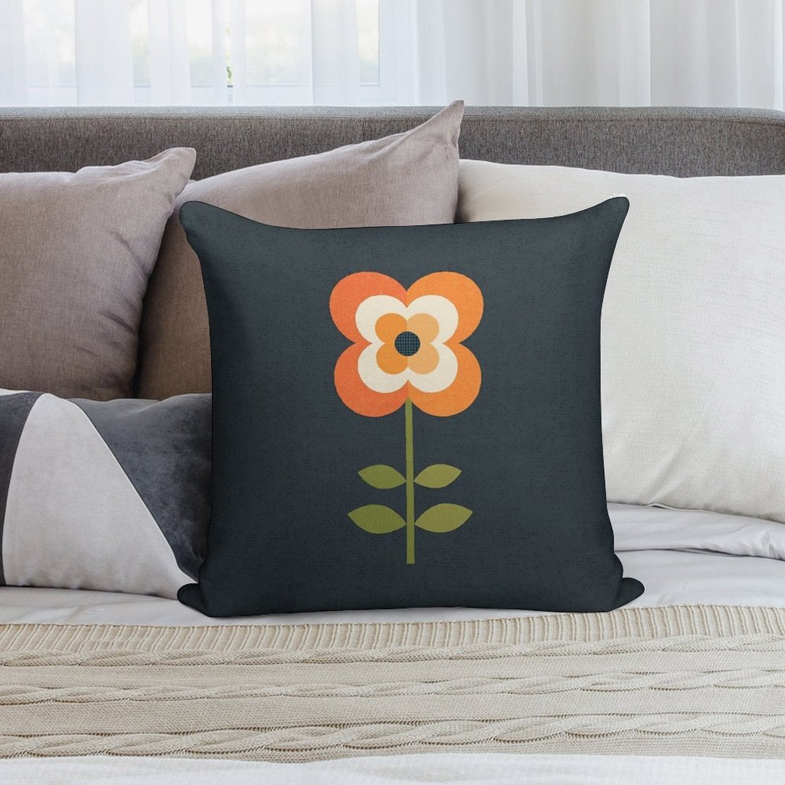 Retro Flower - Orange And Charcoal Soft Gift Ready Throw Pillow