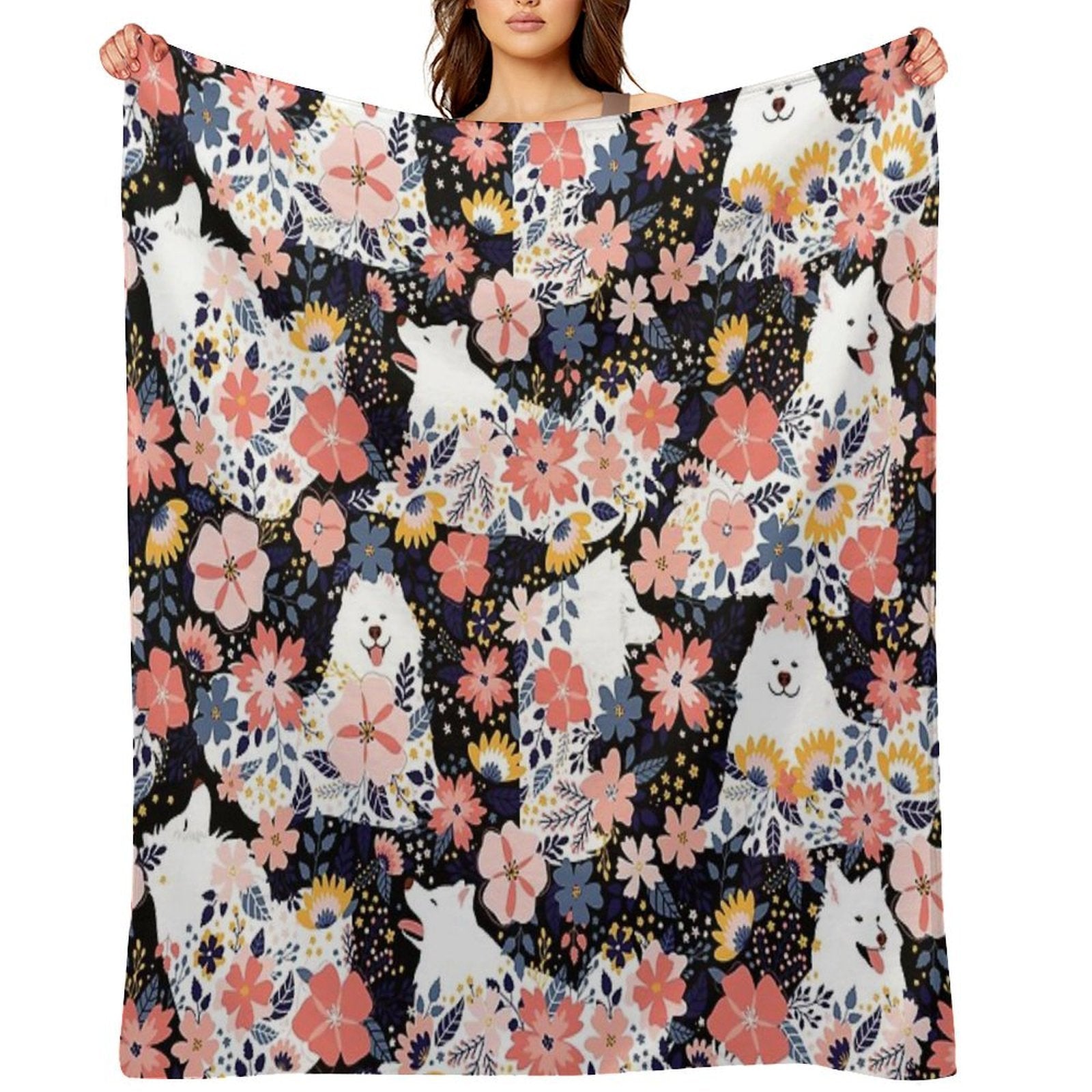 Cute Samoyed Garden - Black Background Shrink-resistant Throw Blanket