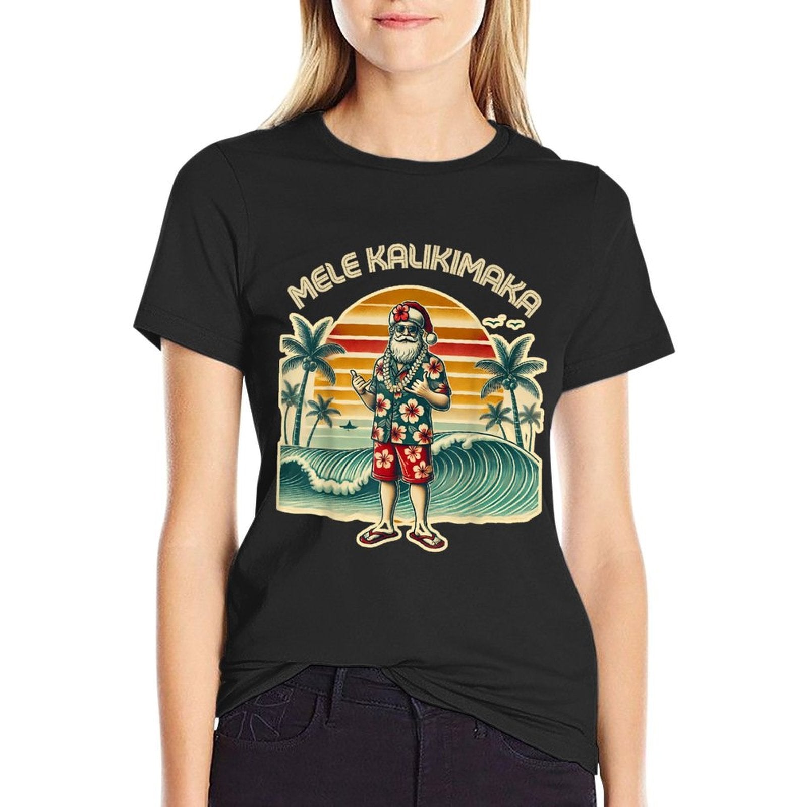 Retro Christmas Surf, Mele Kalikimaka Santa Shaka Hawaii  High-quality Stitching T-Shirt