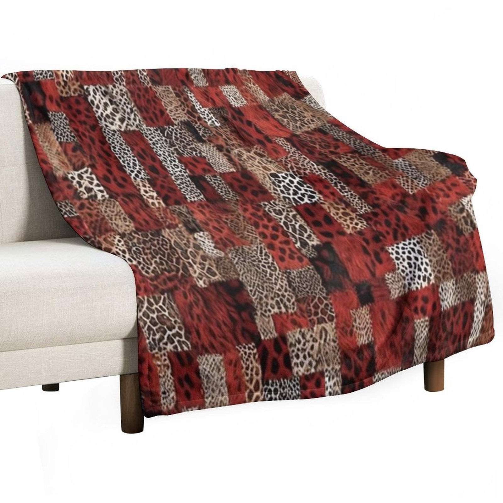 Abstract Red Faux Fur Patchwork Pattern Anti-pilling Throw Blanket