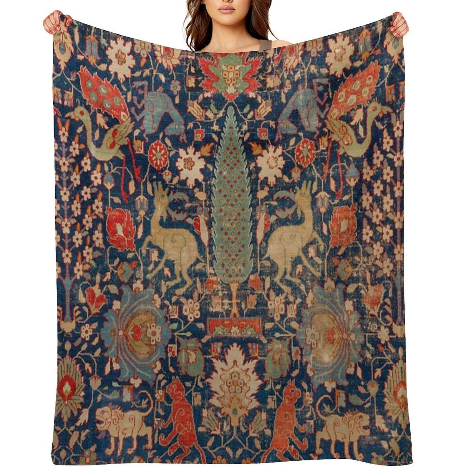 17th Century Persian Rug Print with Animals Quick-dry Throw Blanket