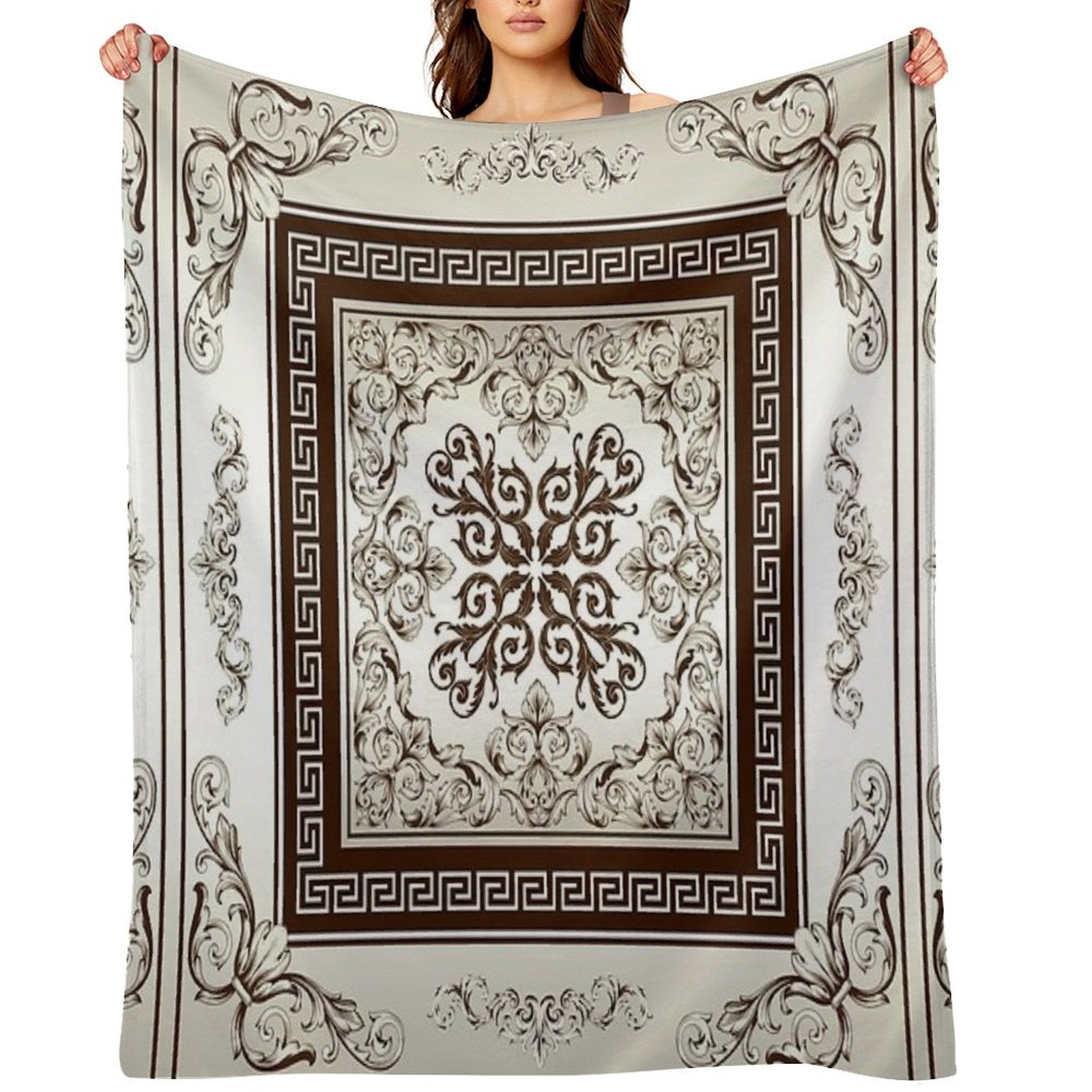 Baroque Filigree Cream And Brown Greek Meander Comfort Throw Blanket