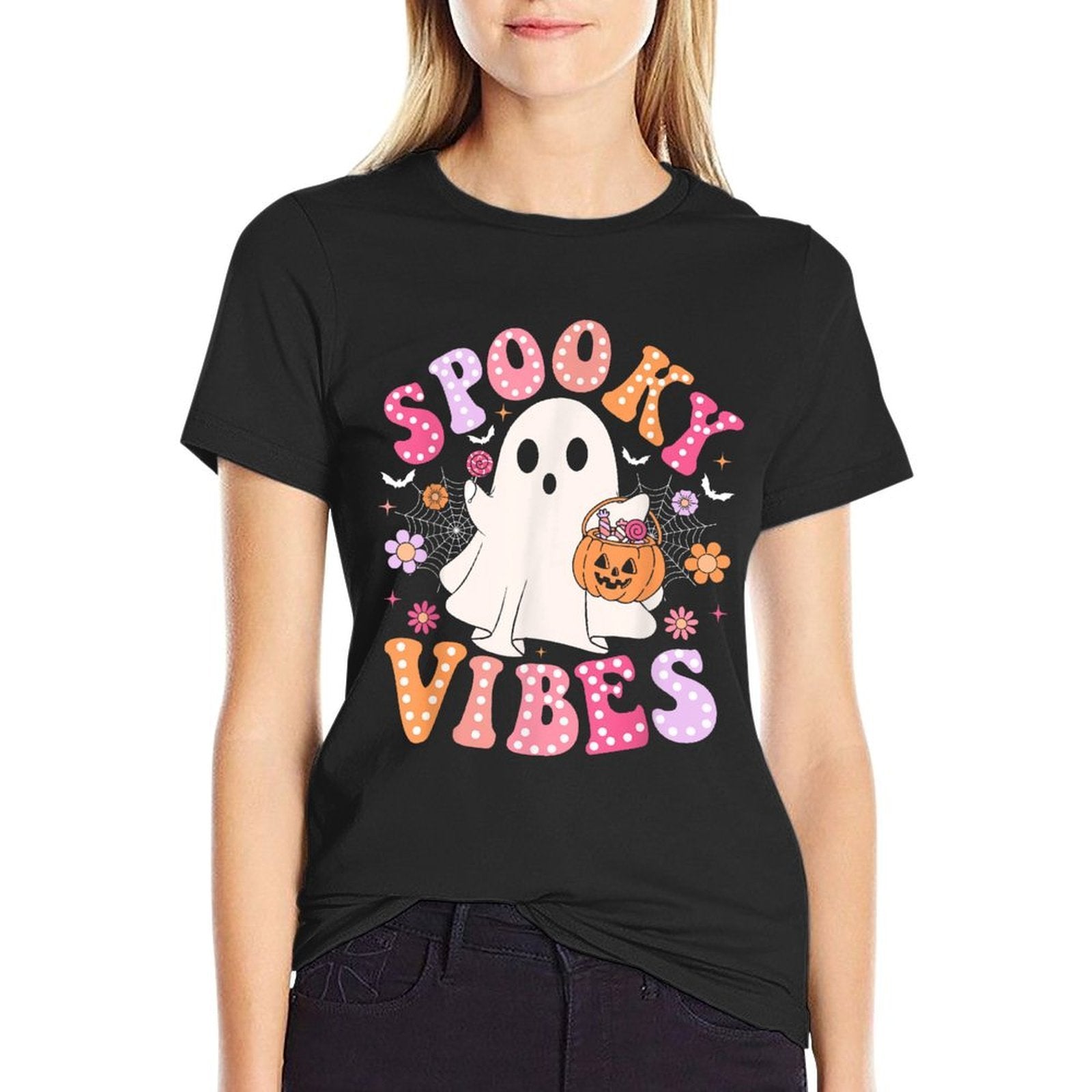 Spooky Vibes Ghost Retro Groovy Halloween Women Girls Kids  Affordable Price T-Shirt