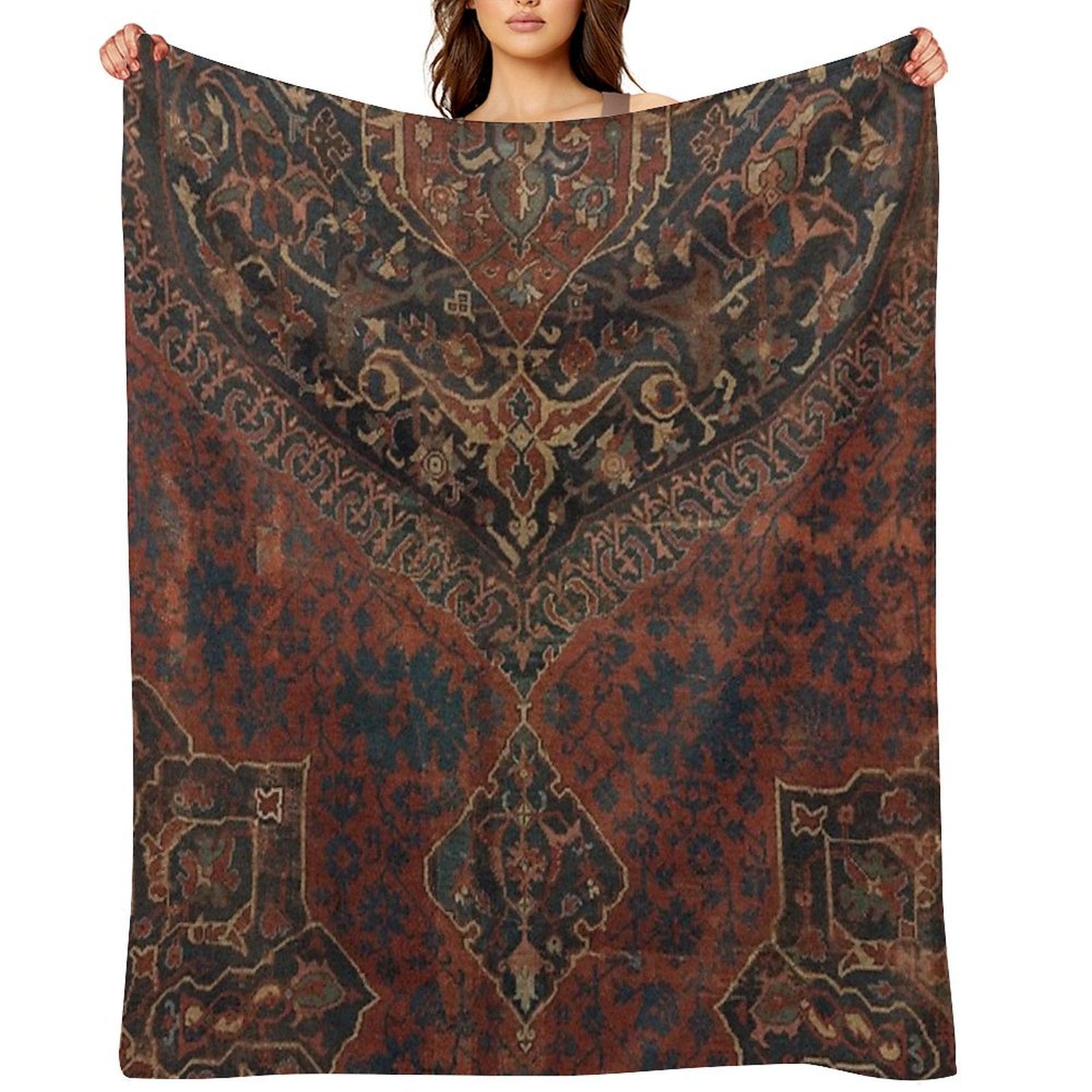 Boho Chic Dark VII  17th Century Colorful Medallion Red Blue Green Brown Ornate Accent Rug Pattern Travel-friendly Throw Blanket