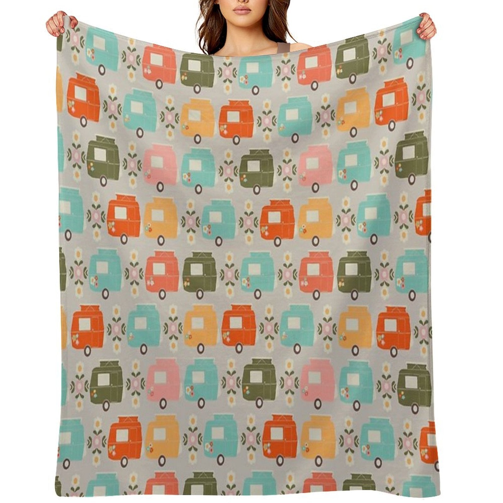 Colourful Vintage Caravans And Daisies Shrink-resistant Throw Blanket