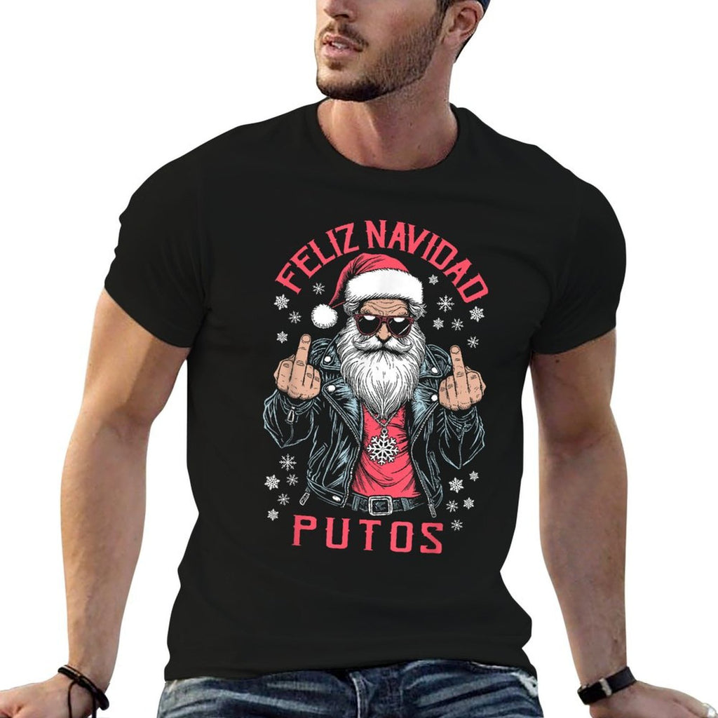 Feliz Navidad Putos Funny Rude Spanish Santa Middle Finger  Stretchy T-Shirt