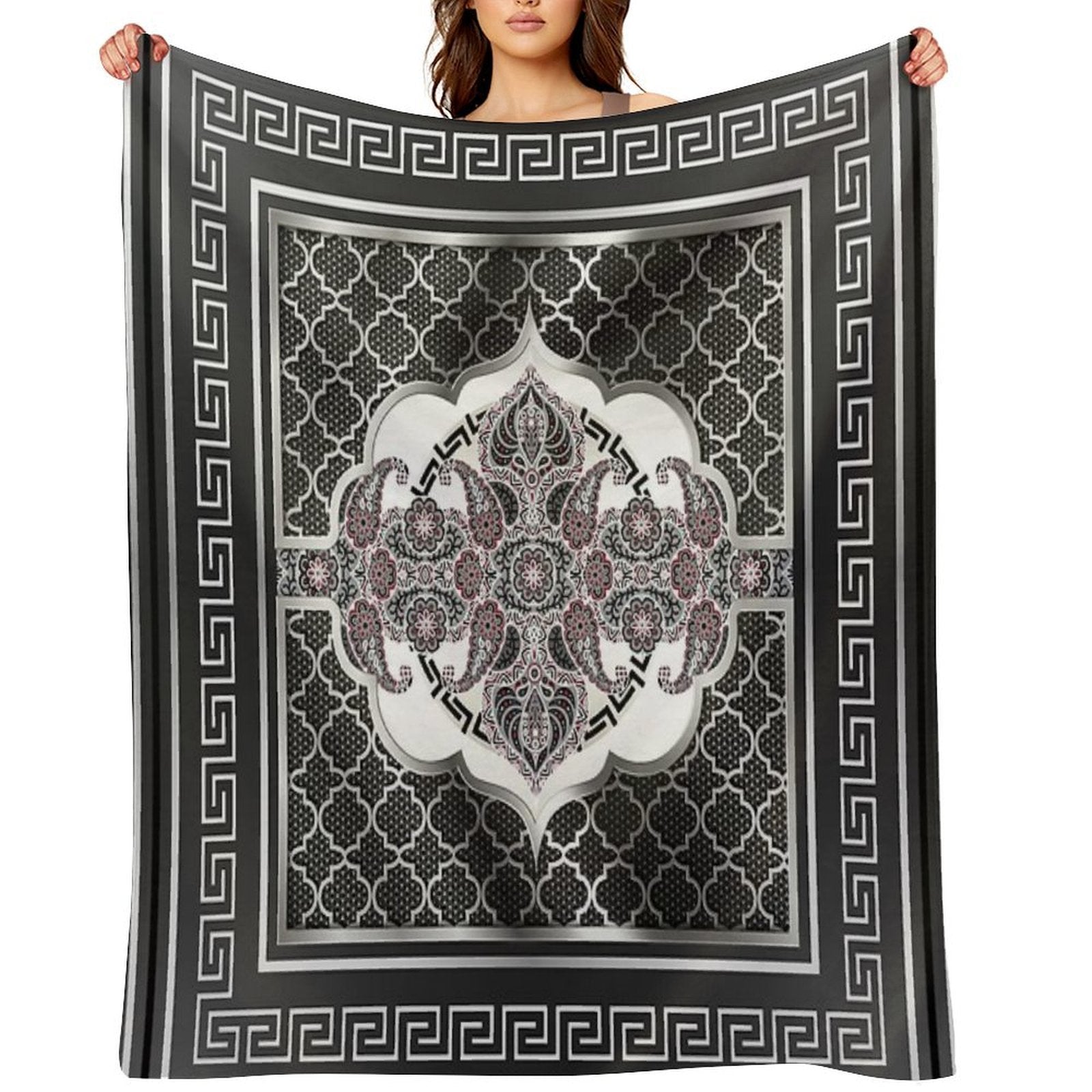 Greek Key Border Black Silver And White Design Plush Throw Blanket