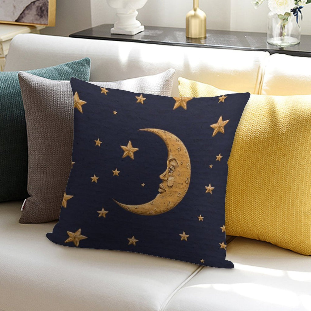 Vintage Gold Moon And Stars on Blue Soft Skin-Friendly Throw Pillow