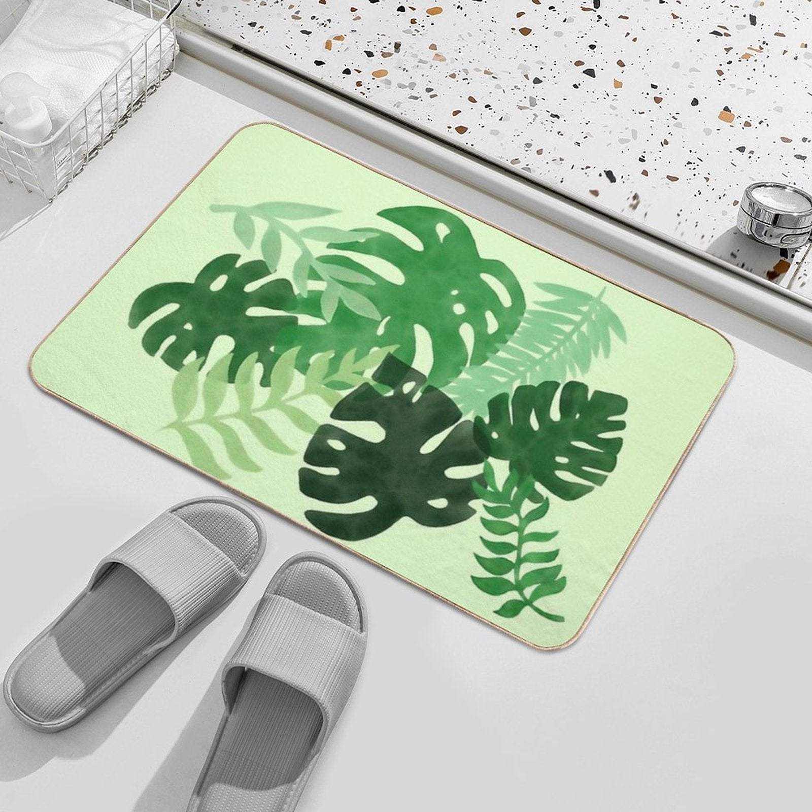 Watercolor Tropical Leaves - Green Background Durable Bath Mat