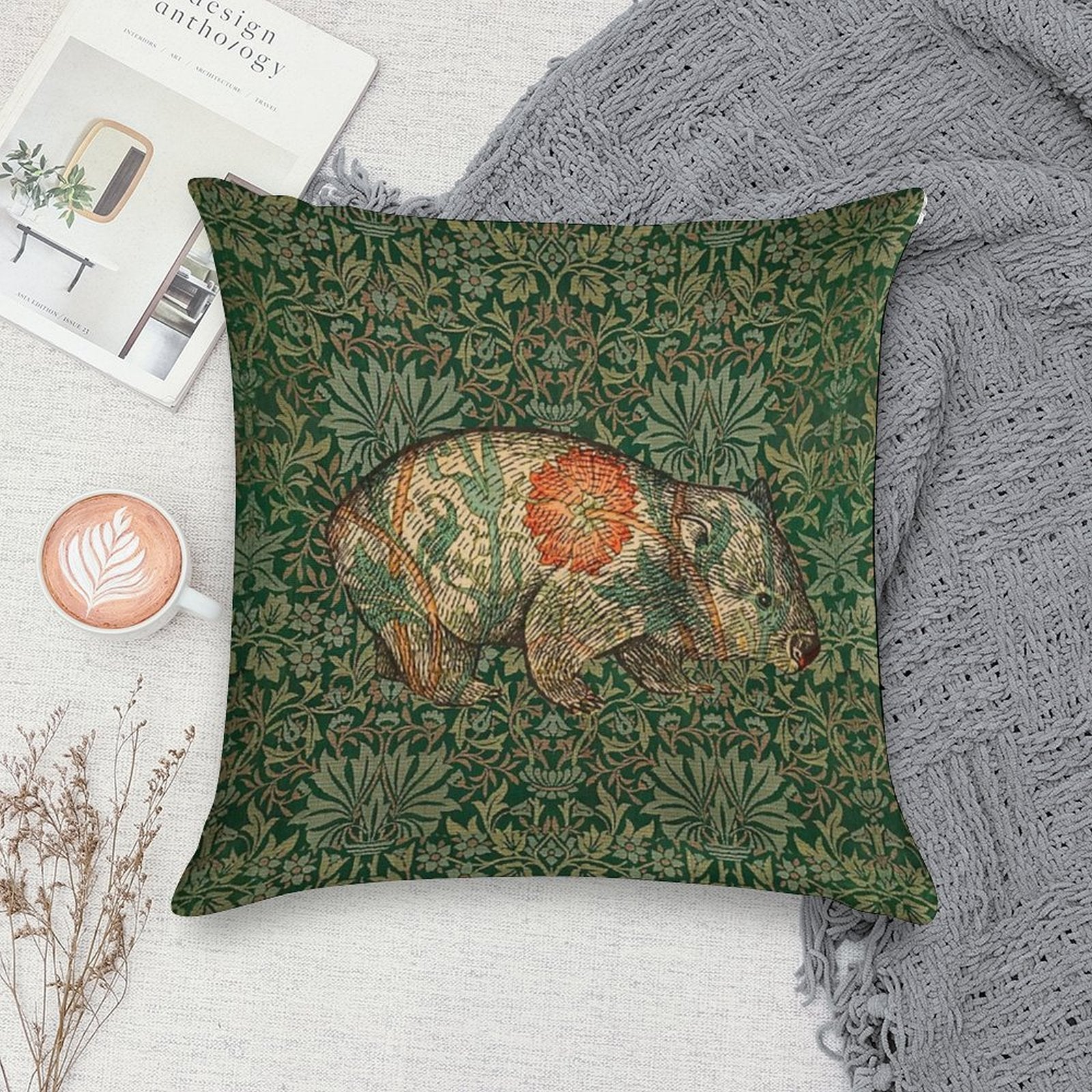 Rossetti's Wombat in Green Flower Garden Soft Multiple Sizes Throw Pillow