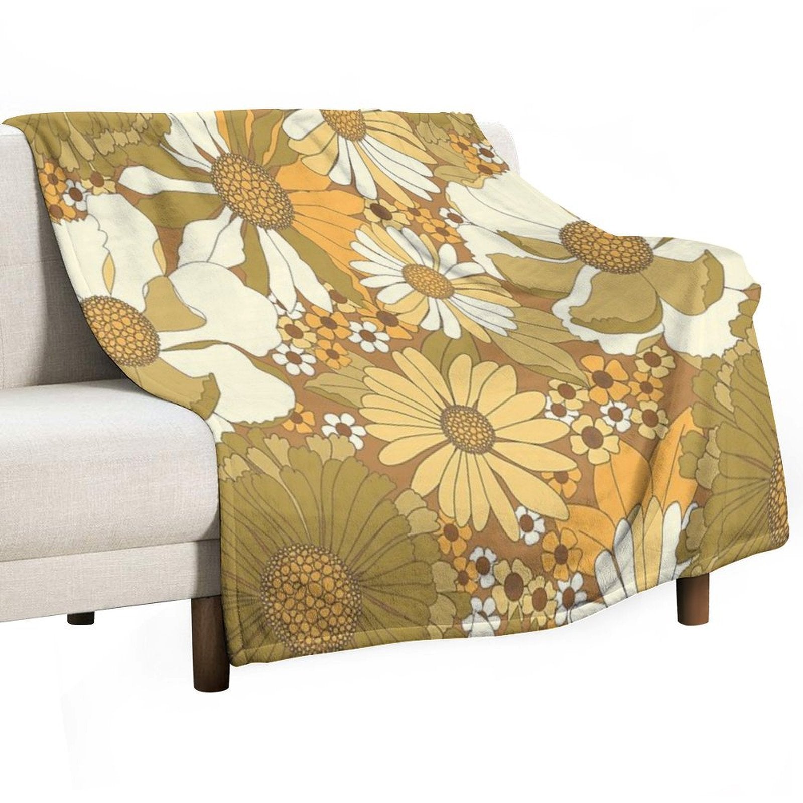 Brown, Orange, Ivory & Green Vintage Flower Pattern Durable Throw Blanket