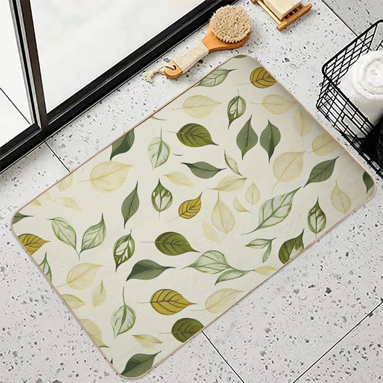 Luciana - Watercolor Leaf Leafs Abstract Painting Pattern in Green, Black, Brown, White Yellow, Blue, Cream, Light Durable Bath Mat