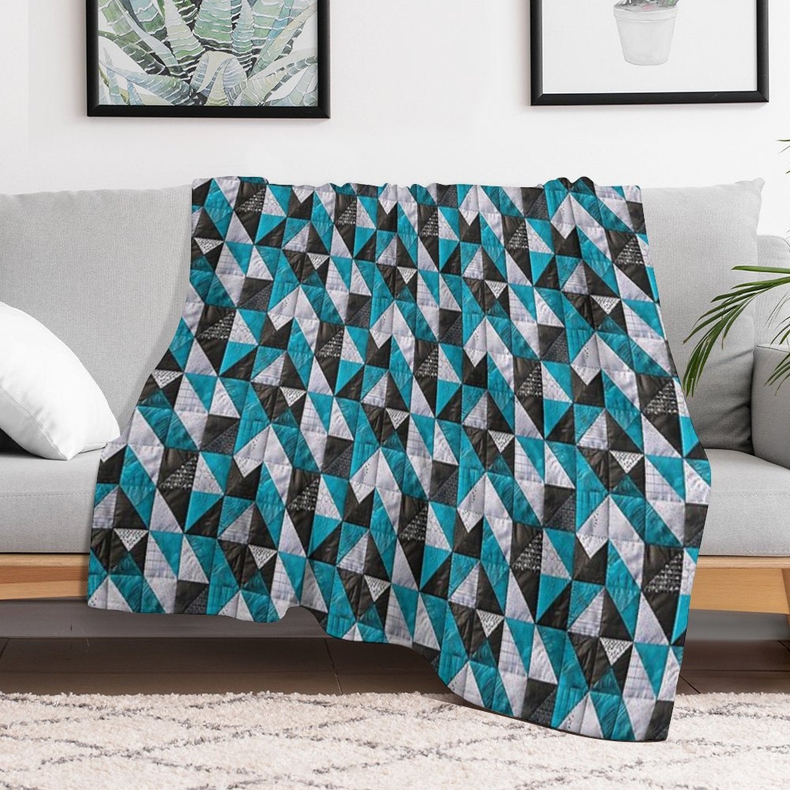 Lazy Patchwork in Blue And Black Tones Shrink-resistant Throw Blanket