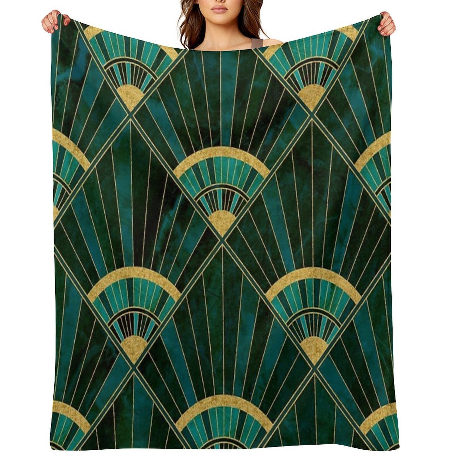 Art Deco Real Green Marbled Geometric Pattern Quick-dry Throw Blanket
