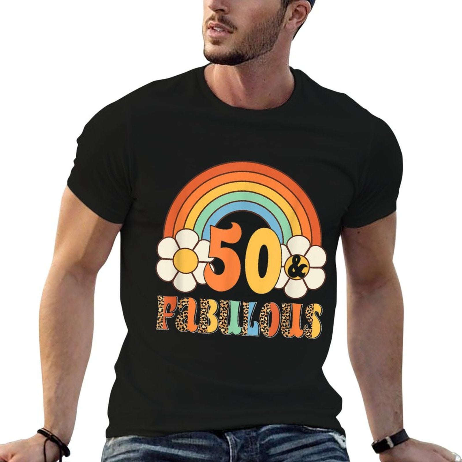 Boho Leopard Rainbow 50 &amp; Fabulous Vintage 50th Birthday  Easy-care T-Shirt