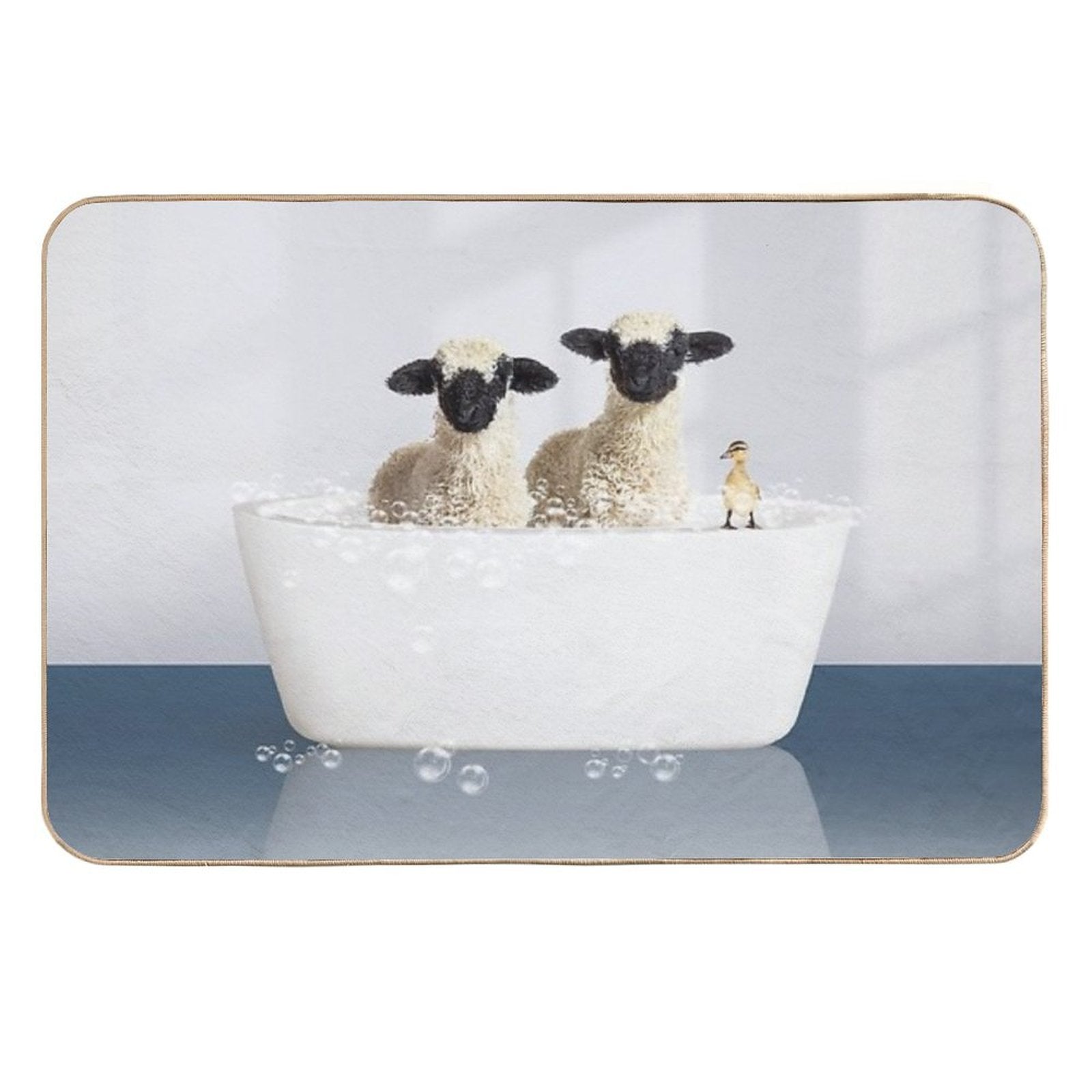 Two Lambs And Duckling in Modern Bathtub Blue Print, Lamb Bathing, Animals in Bathtub Art by Synplus  Easy To Clean Bath Mat