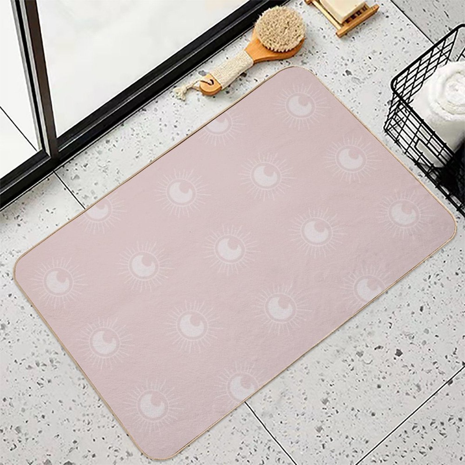 Boho Sun And Moon Pattern Bohemian Aesthetic In Muted Colors Pale Pink  Easy To Clean Bath Mat