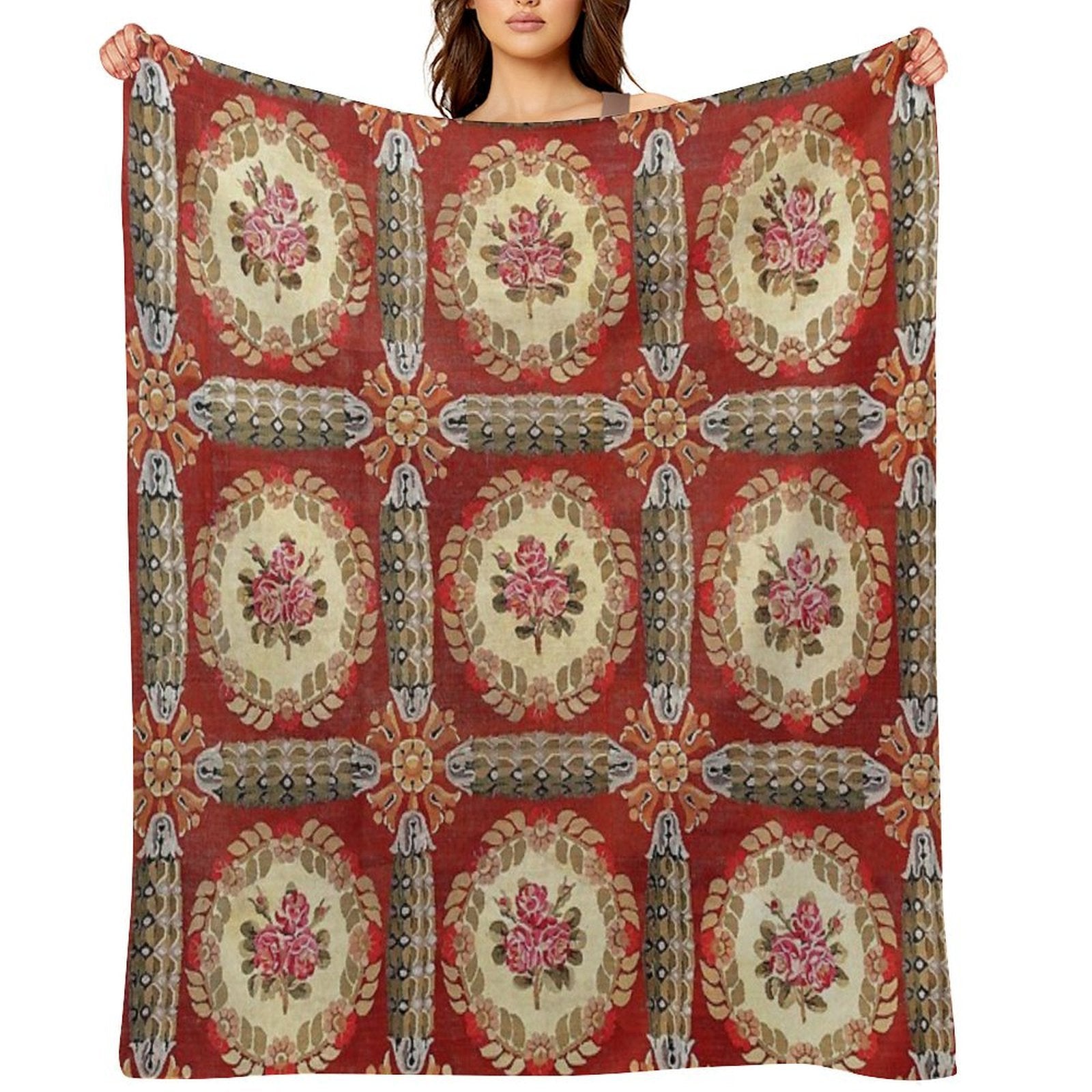 Aubusson 19th Century French Rug Print Velvety-soft Throw Blanket