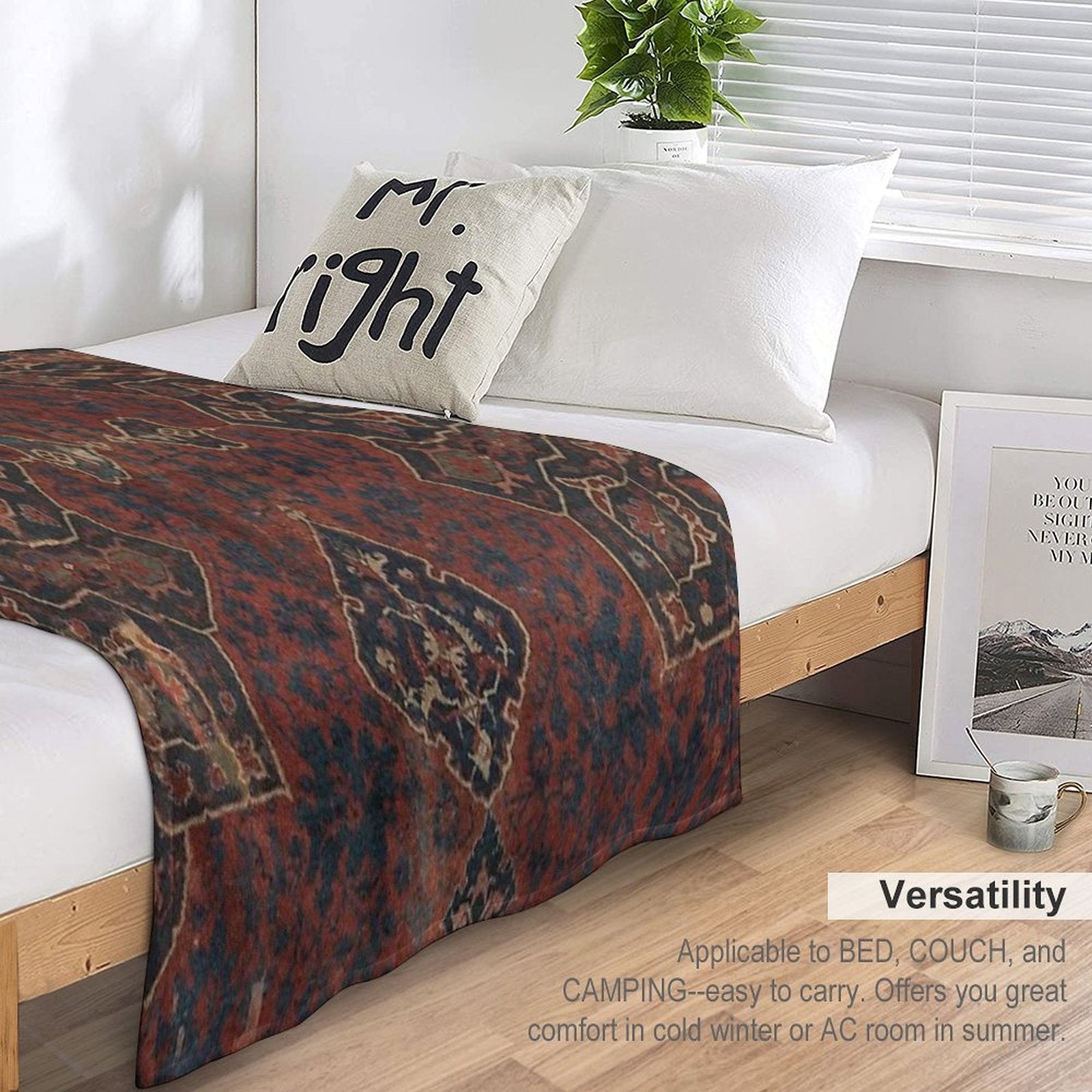 Boho Chic Dark VI  17th Century Colorful Medallion Red Blue Green Brown Ornate Accent Rug Pattern Versatility Throw Blanket