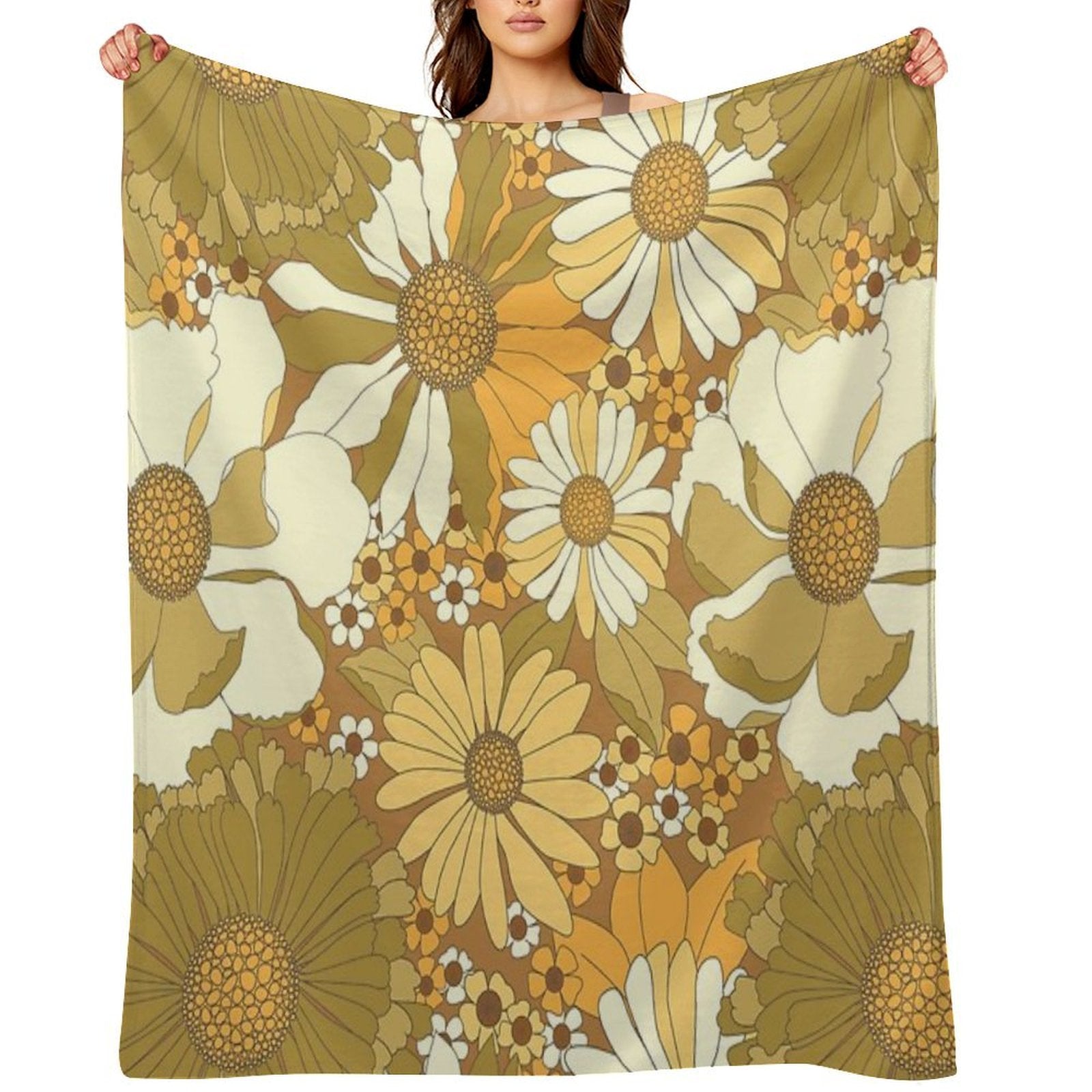 Brown, Orange, Ivory & Green Vintage Flower Pattern Durable Throw Blanket