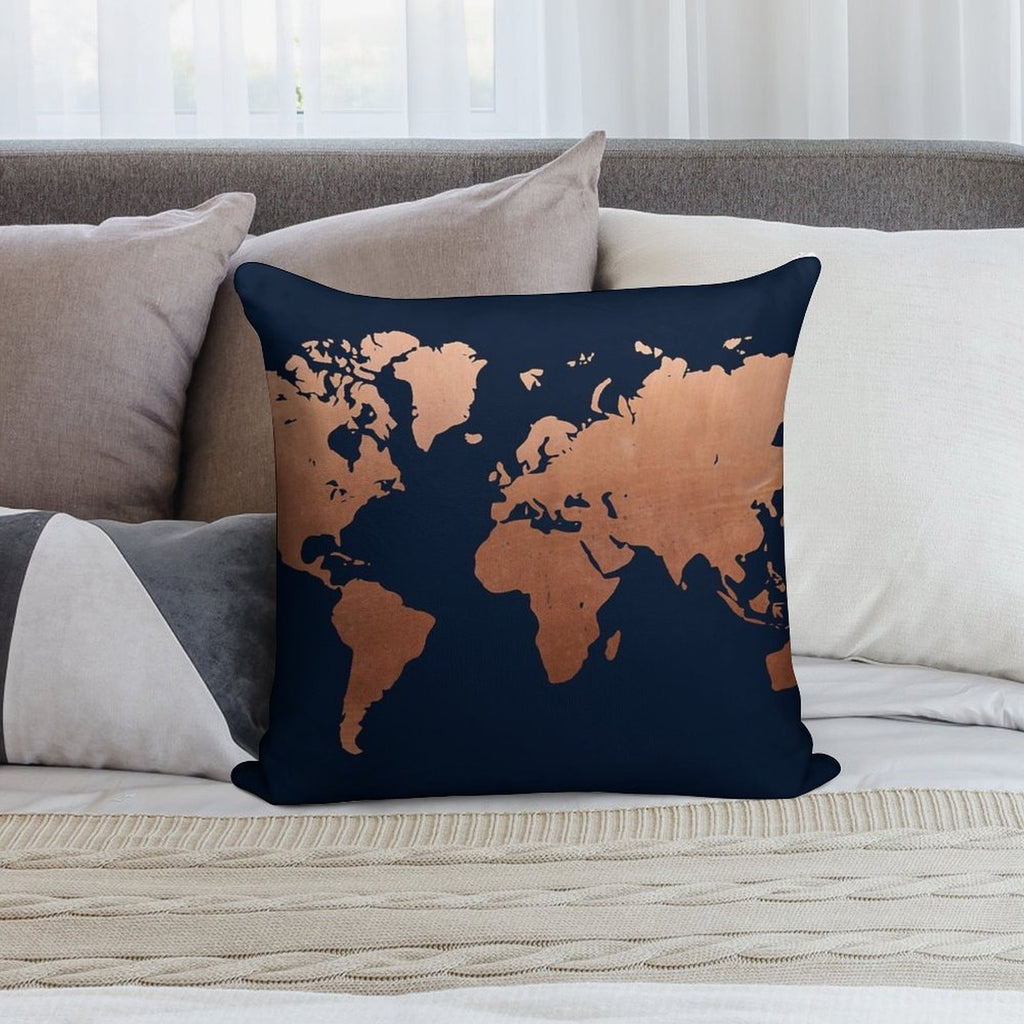 World Map - Navy Blue And Copper Soft Luxury Feel Throw Pillow