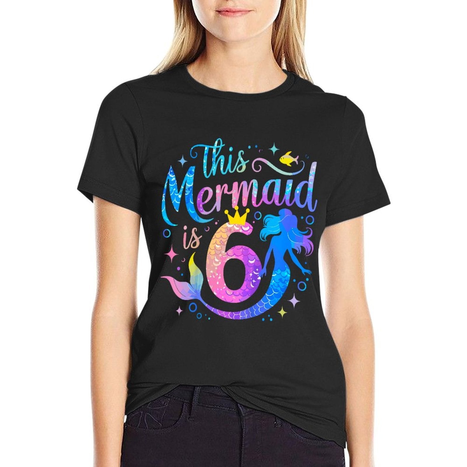 Kids 6 Year Old This Mermaid Is 6th Birthday Girl Daughte  Ribbed Collar T-Shirt