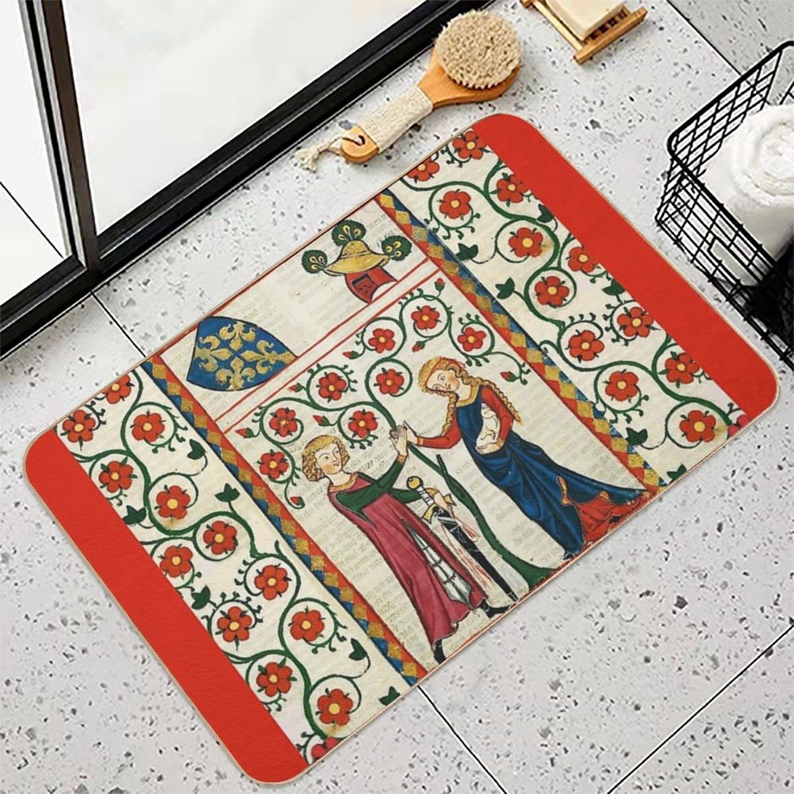 GERMAN POET WITH HIS BELOVED LADY ,MEDIEVAL MINIATURE WITH WILD ROSES  Eco-Friendly Bath Mat
