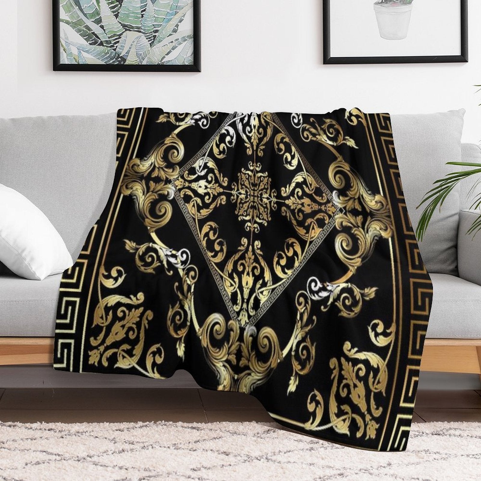 Ornate Baroque Filigree Gold Black Waves Greek Meander All-season Throw Blanket