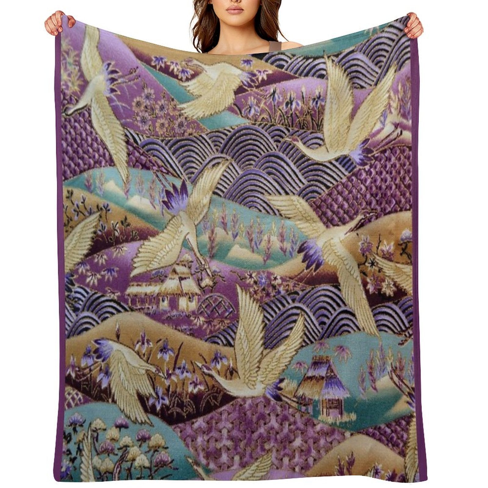 Japanese Crane Kimono Style Embroidered Pattern Eco-conscious Throw Blanket