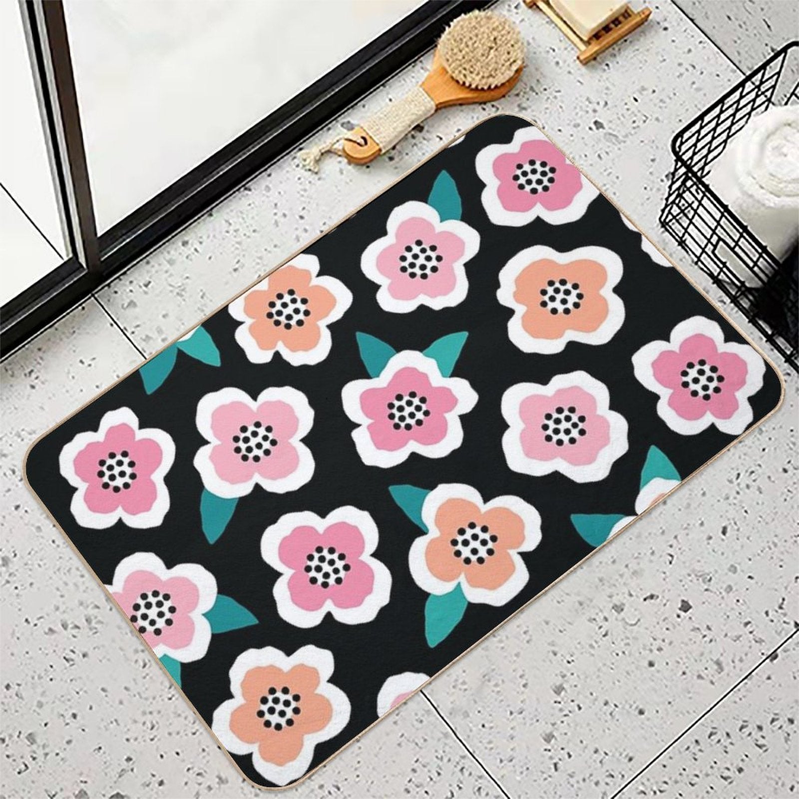 Scandi Briar Roses - Pink on Black  Repositionable Bath Mat