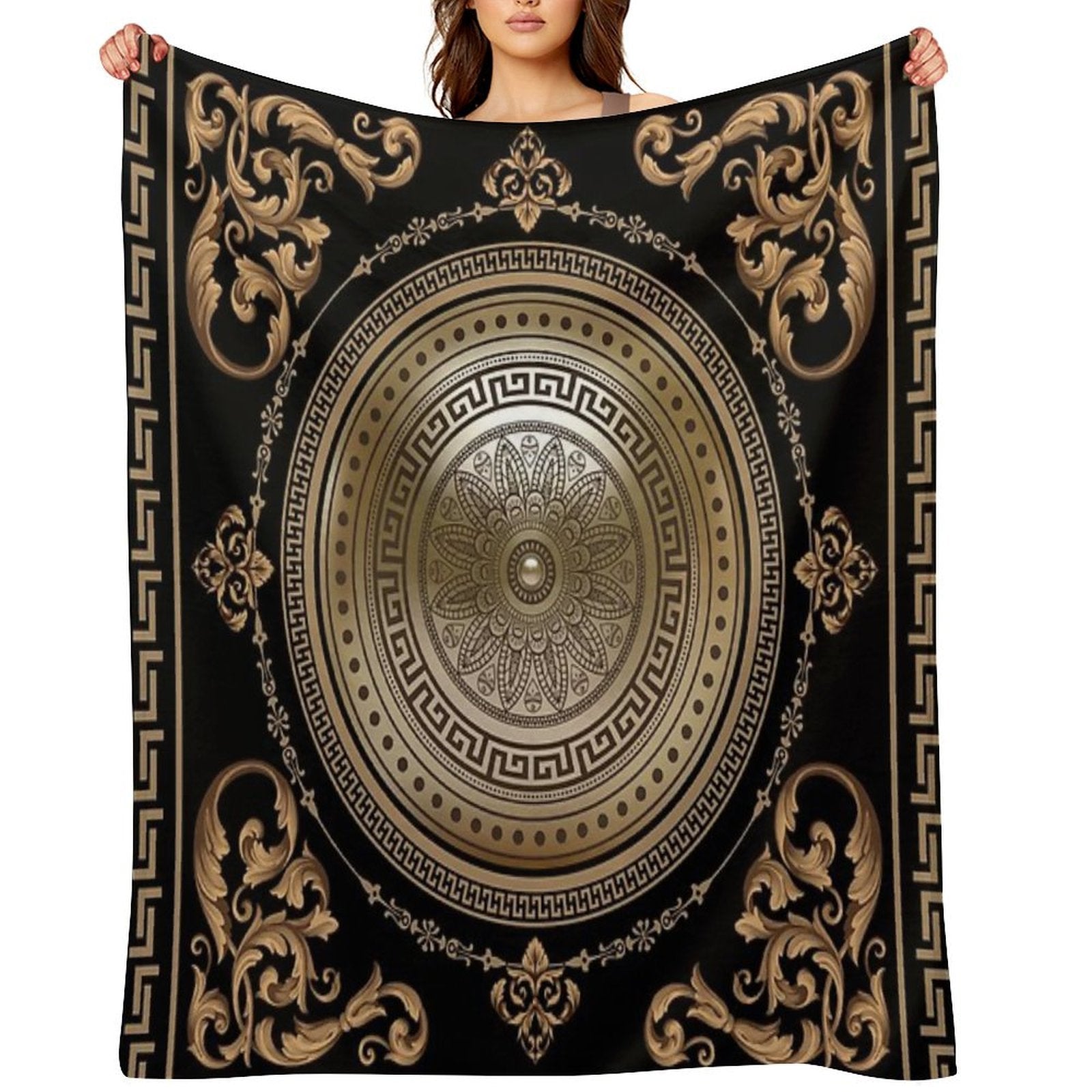 Baroque Black & Bronze Medallion Greek Meander Wrinkle-free Throw Blanket