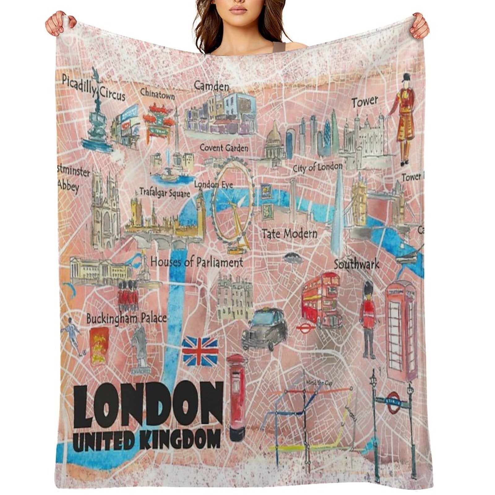 London UK Illustrated Map with Main Roads, Landmarks & Highlights Easy Care Throw Blanket