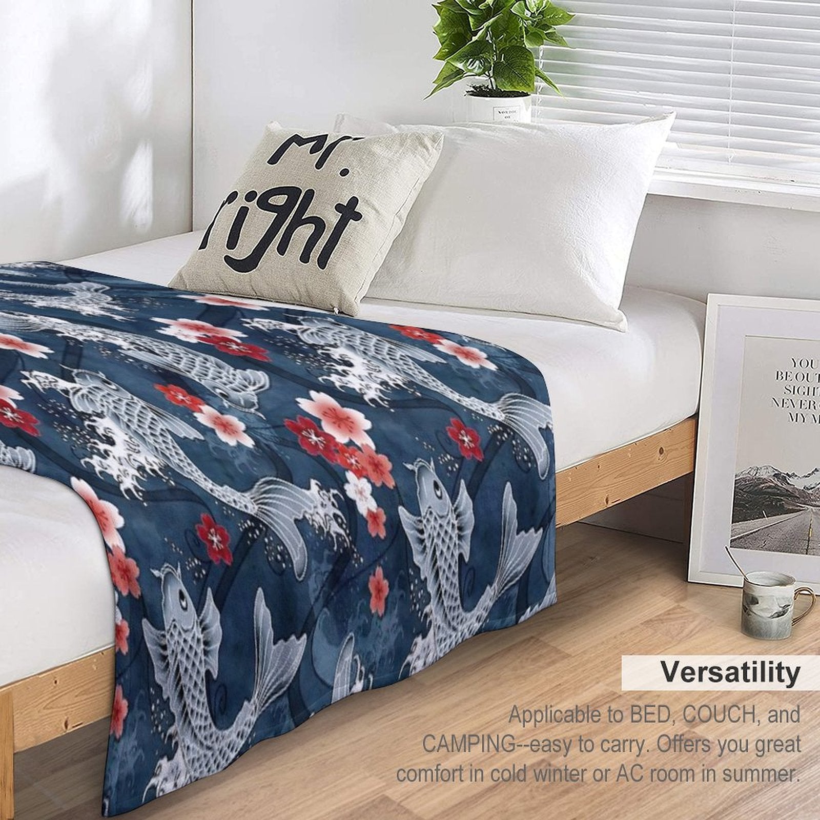 Koi Sakura Blossom in Blue Anti-pilling Throw Blanket