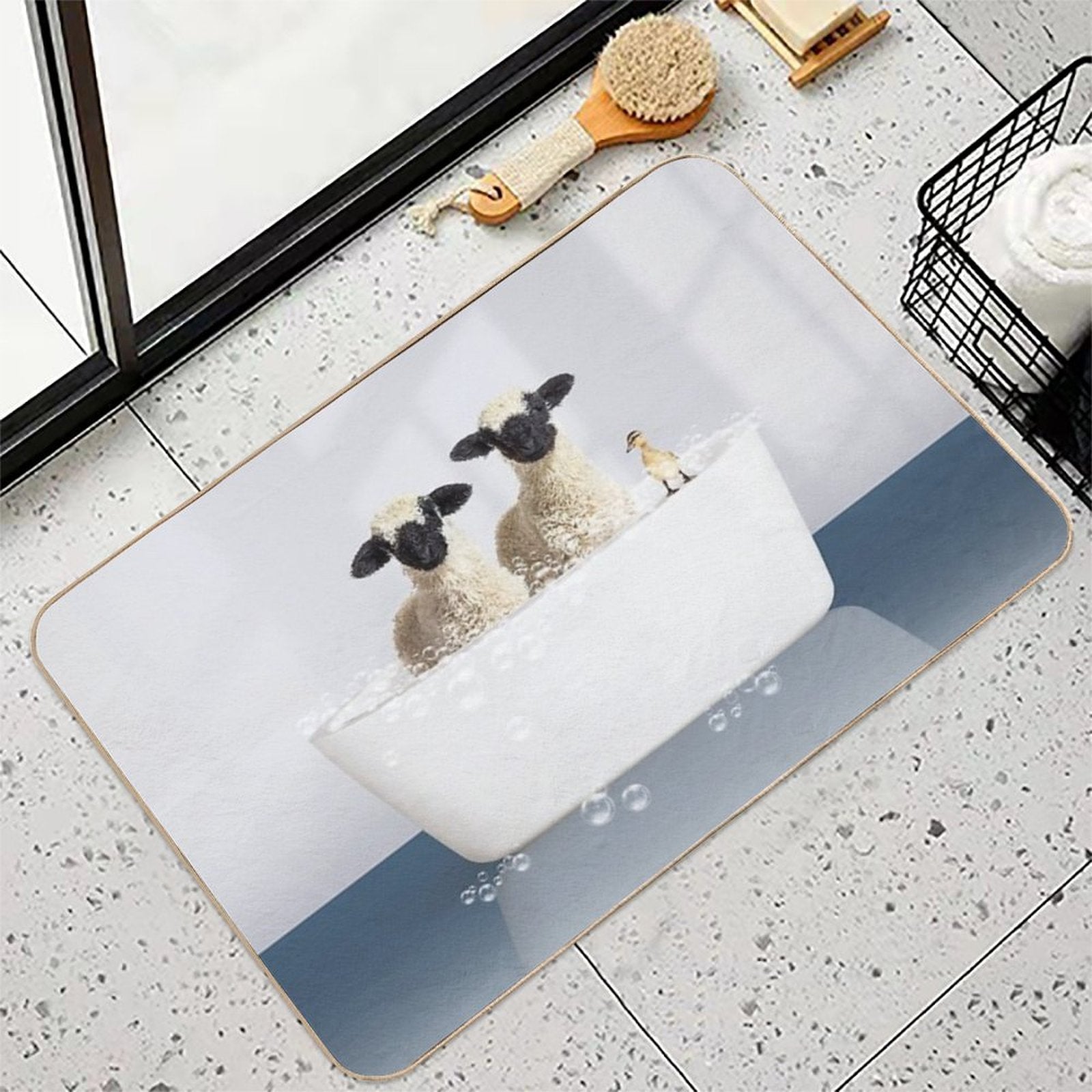 Two Lambs And Duckling in Modern Bathtub Blue Print, Lamb Bathing, Animals in Bathtub Art by Synplus  Easy To Clean Bath Mat