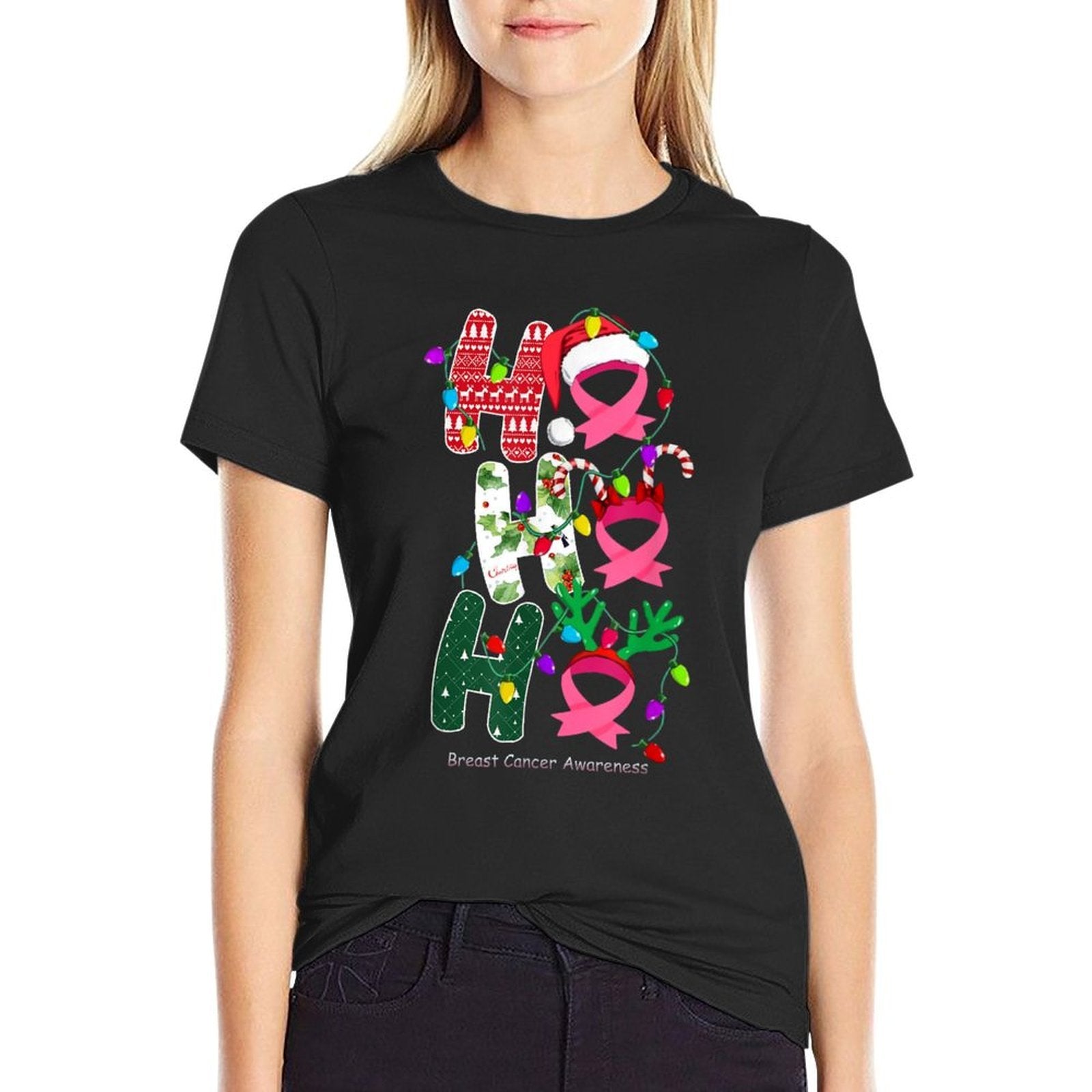 Ho Ho Ho Breast Cancer Awareness for Christmas  Summer-ready Fabric T-Shirt