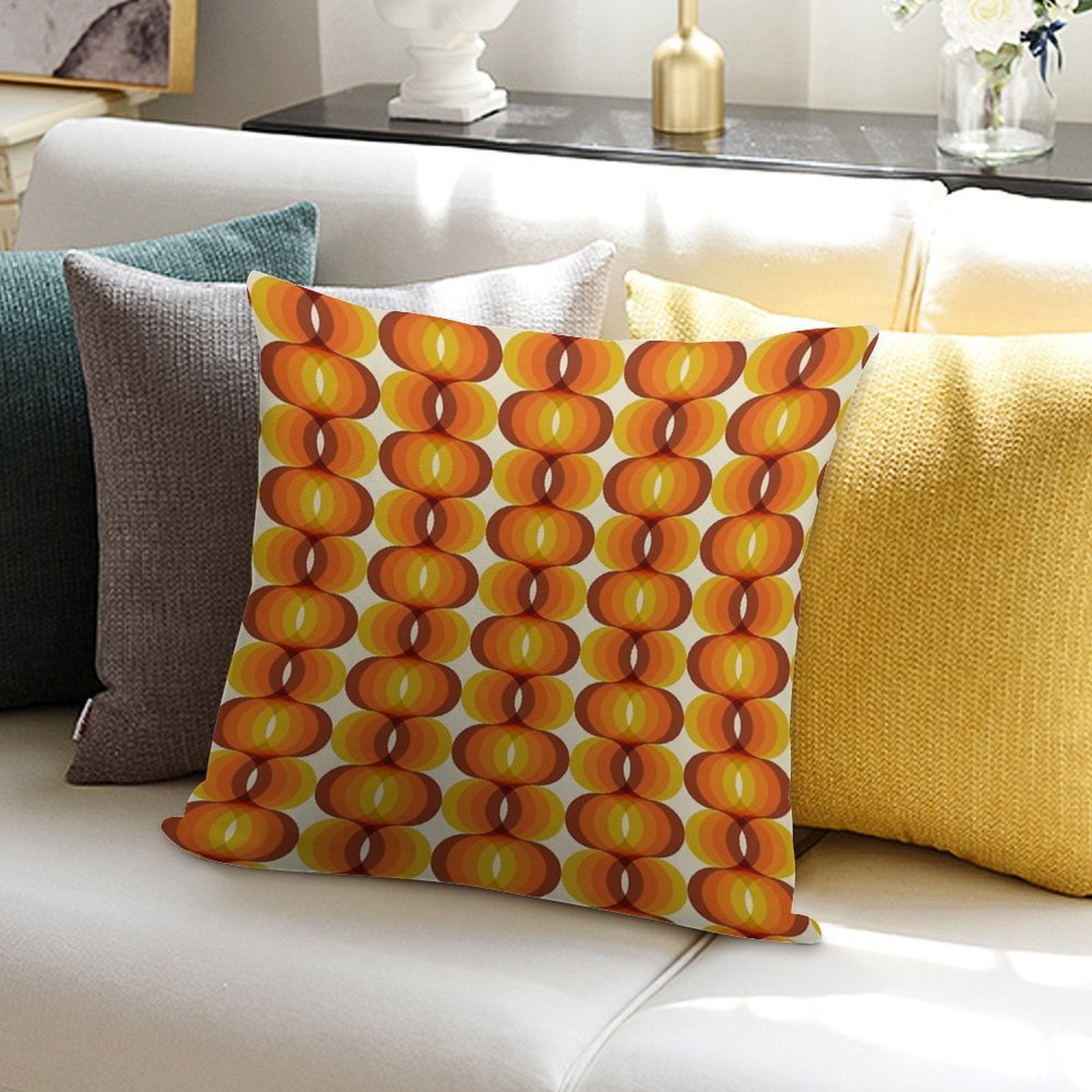 Orange, Brown, And Ivory Retro 1960s Wavy Pattern Soft Fade-Resistant Throw Pillow
