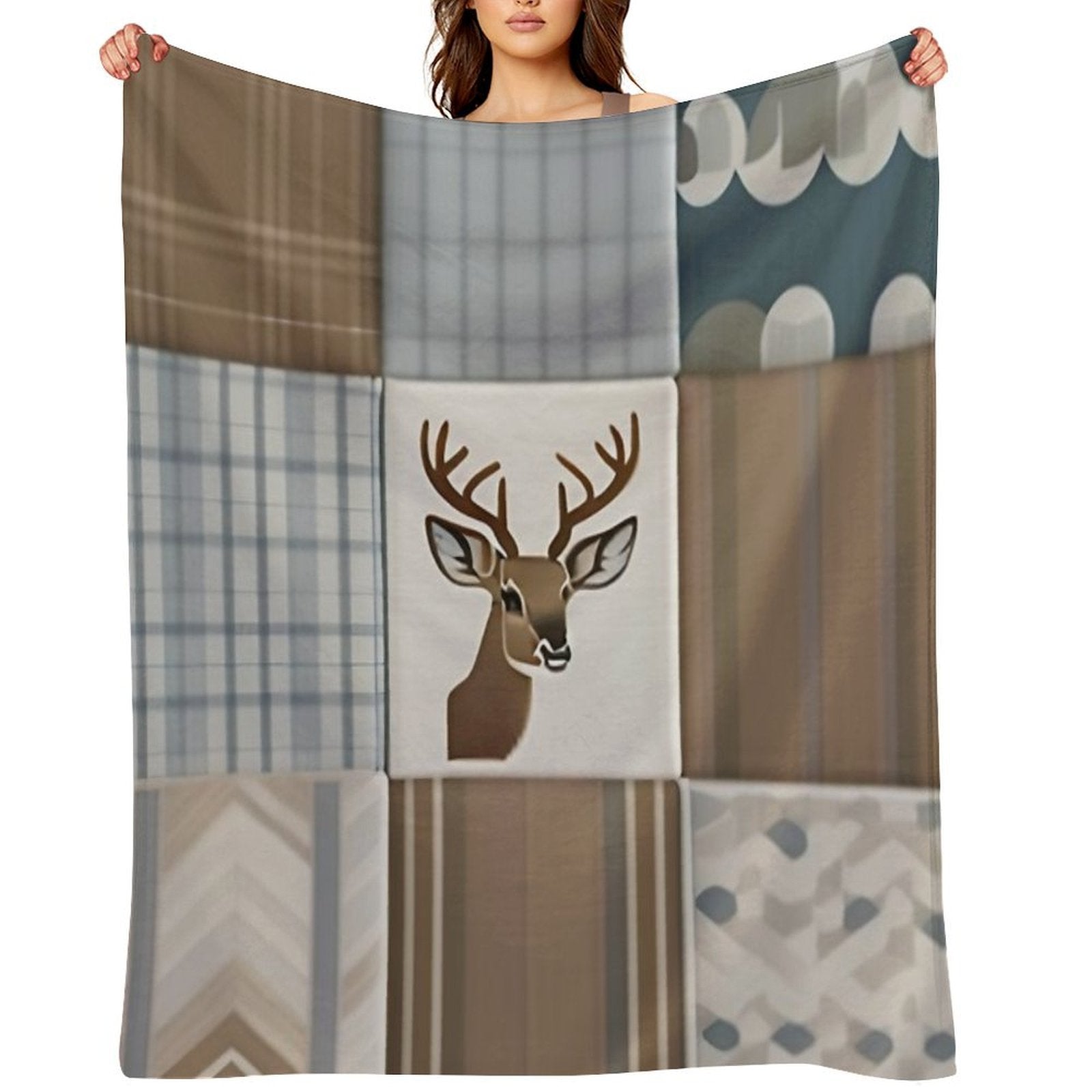 Deer Patchwork - Rustic Neutrals Travel-friendly Throw Blanket