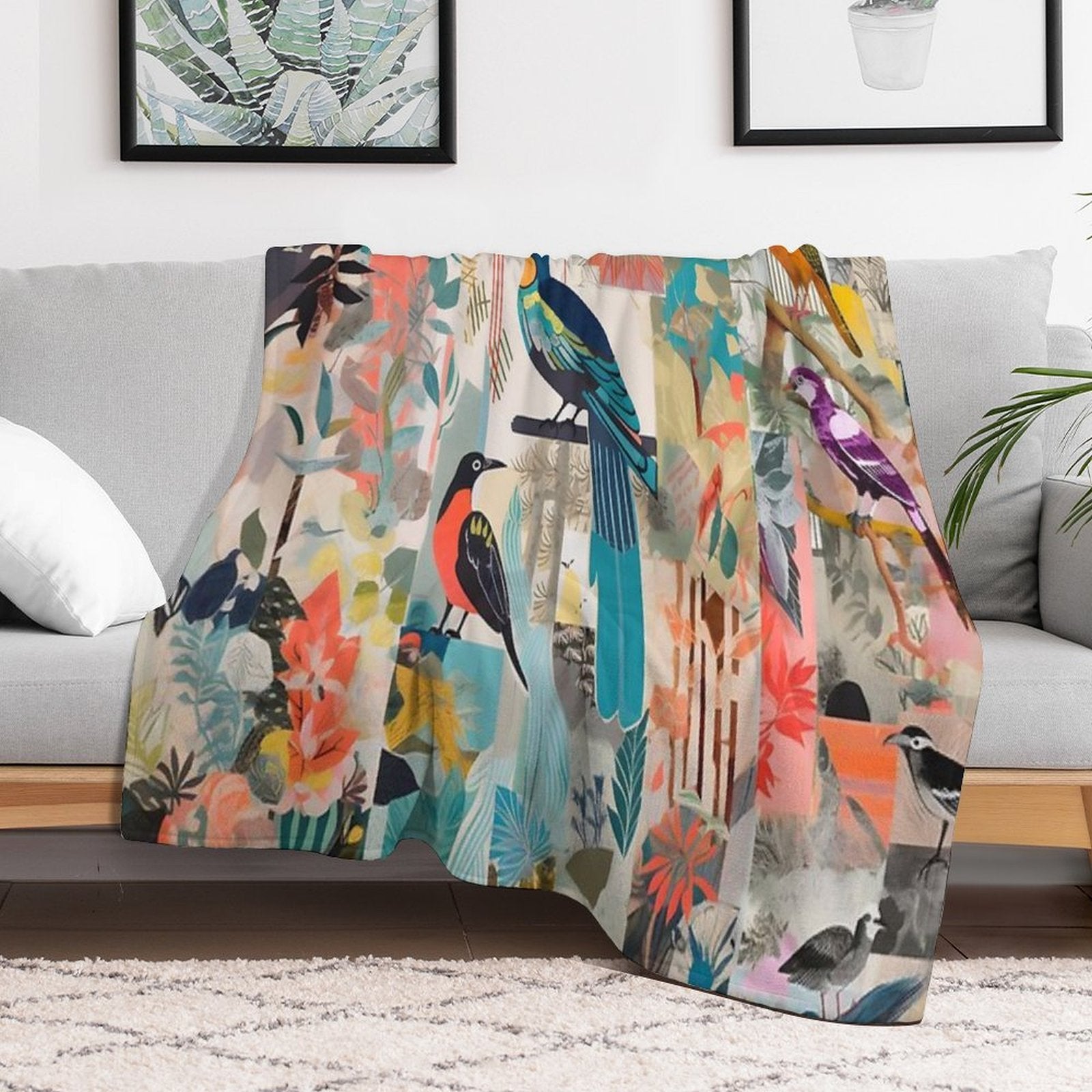 Colorful Collage of Birds And Plants Compact Throw Blanket