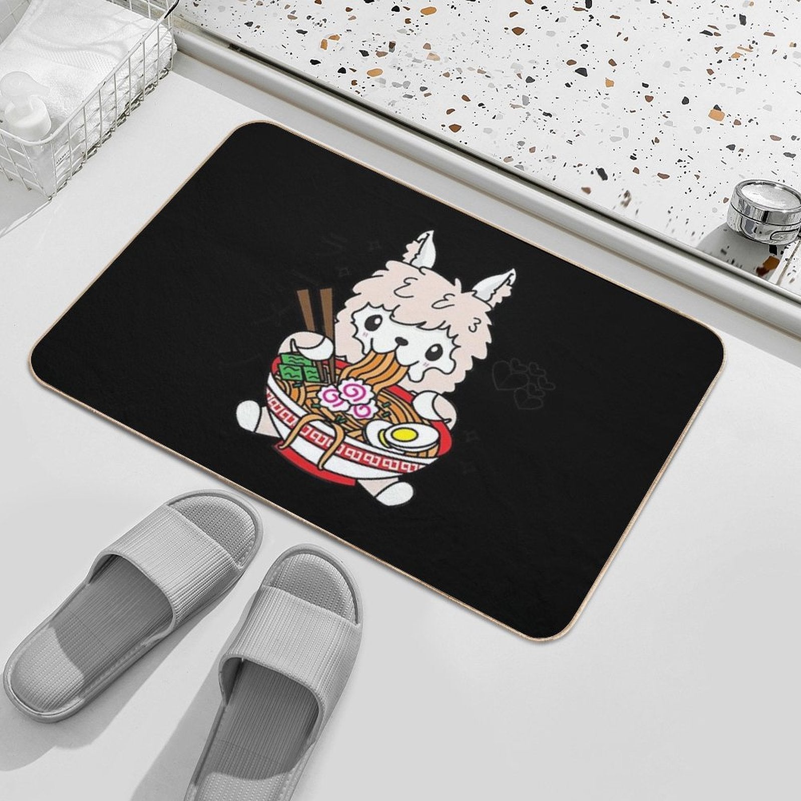 Llama Eating Ramen Cute Kawaii Noodles  Dirt-Trapping Bath Mat