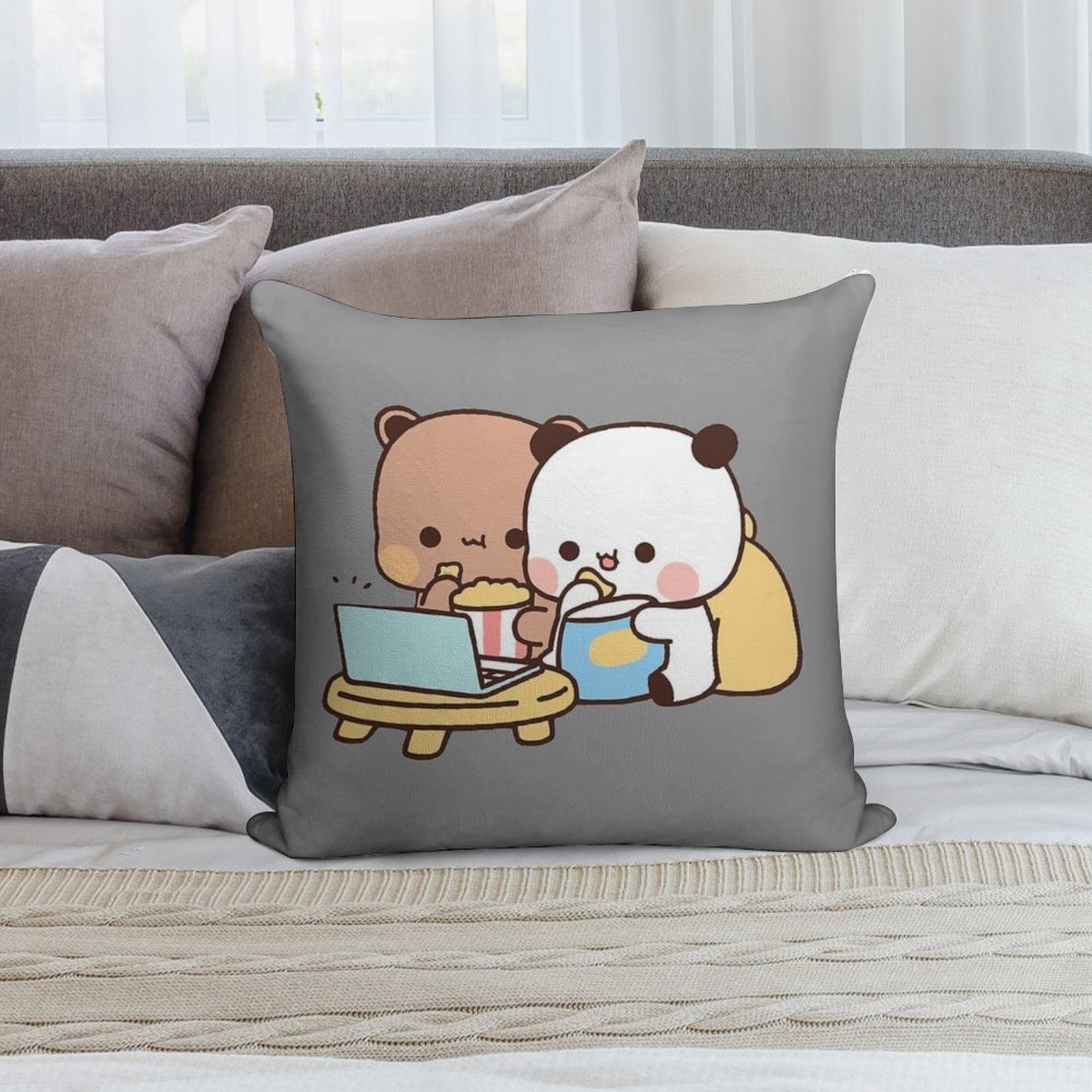 DuDu Bear And BuBu Panda Watching Movie Together❤️ Soft Washable Throw Pillow