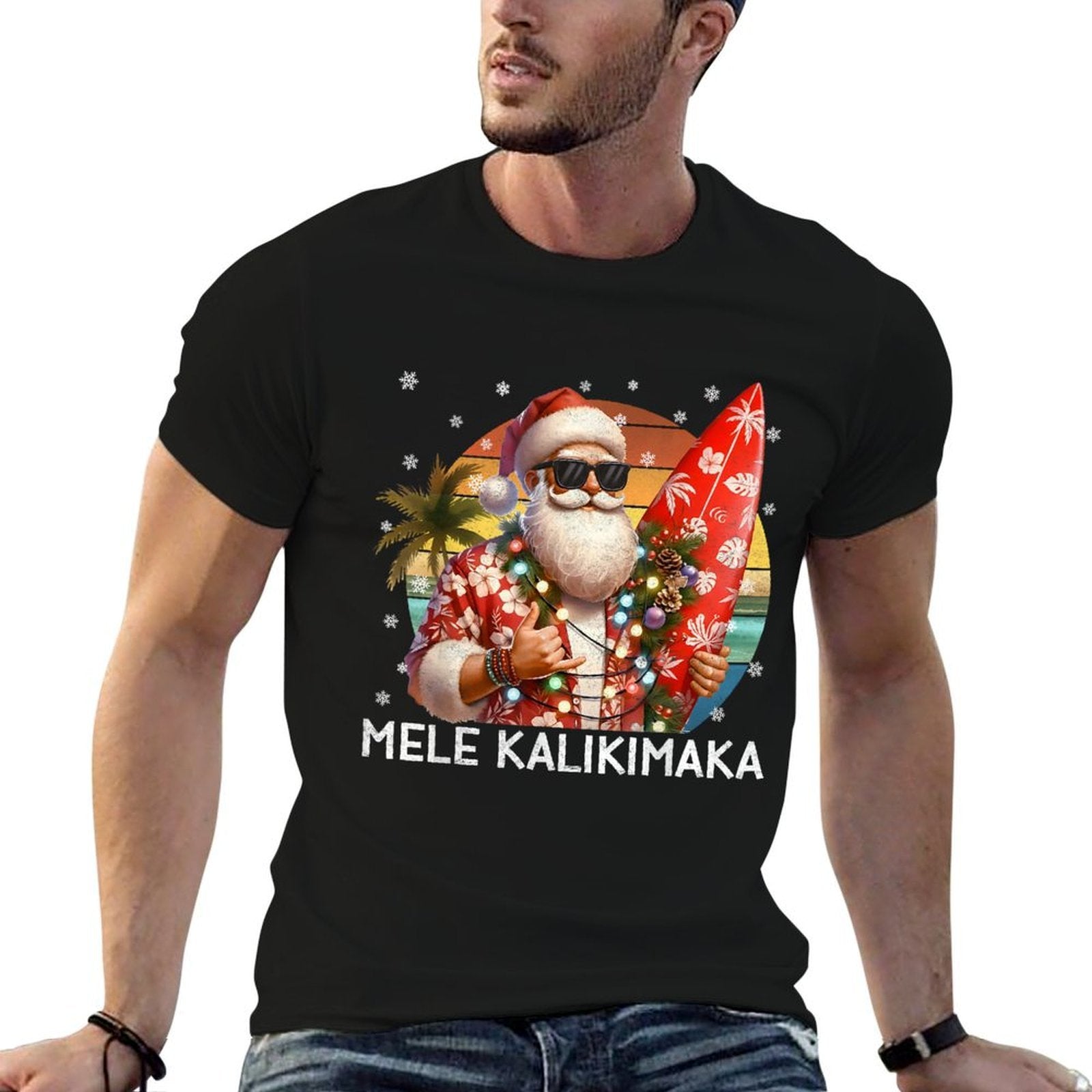 Mele Kalikimaka Retro Santa Rock On Pjs Christmas Xmas Men  Polyester Blend T-Shirt