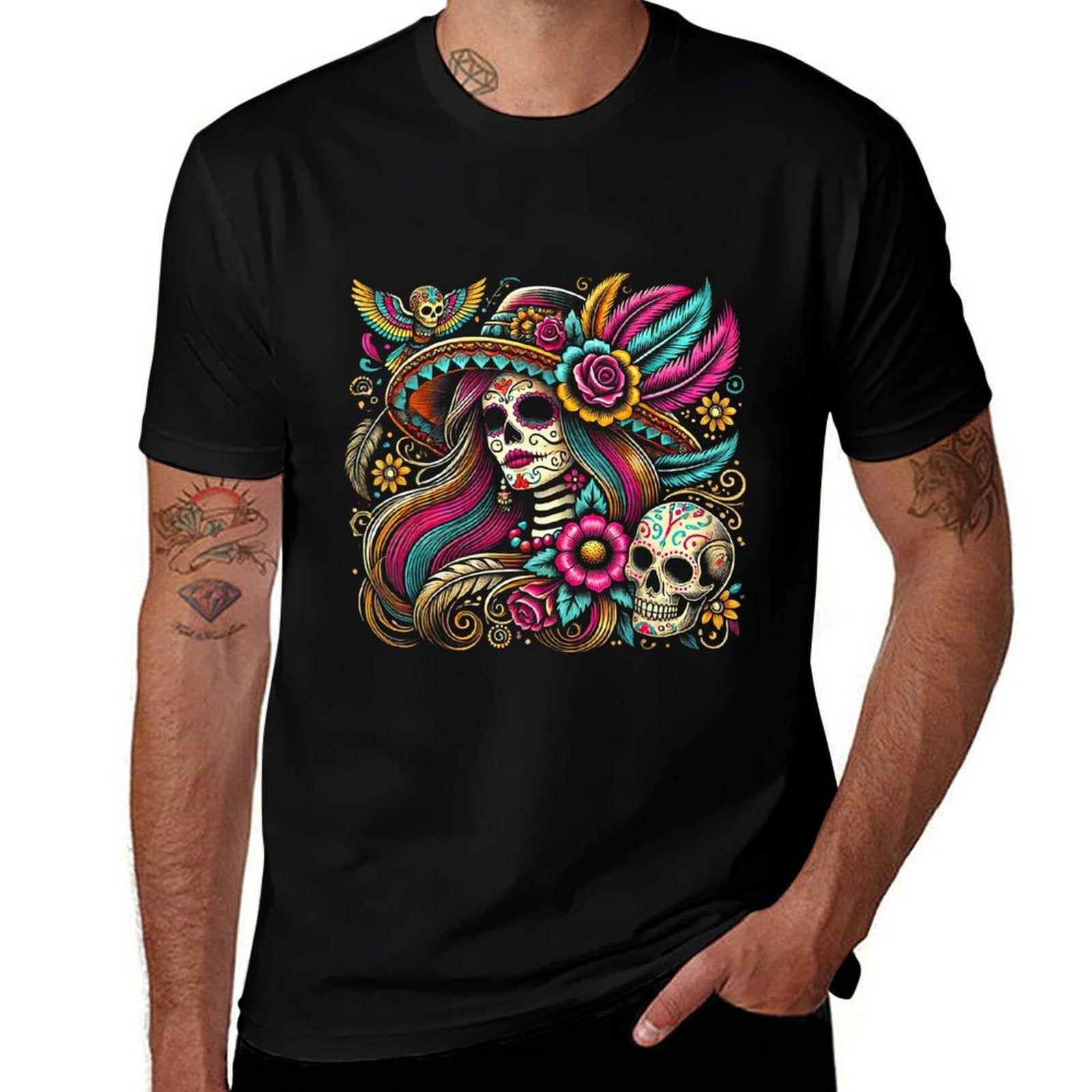 Sugar Skull Festival Art Colorful Mexican Skeleton Design  Oversized Silhouette T-Shirt