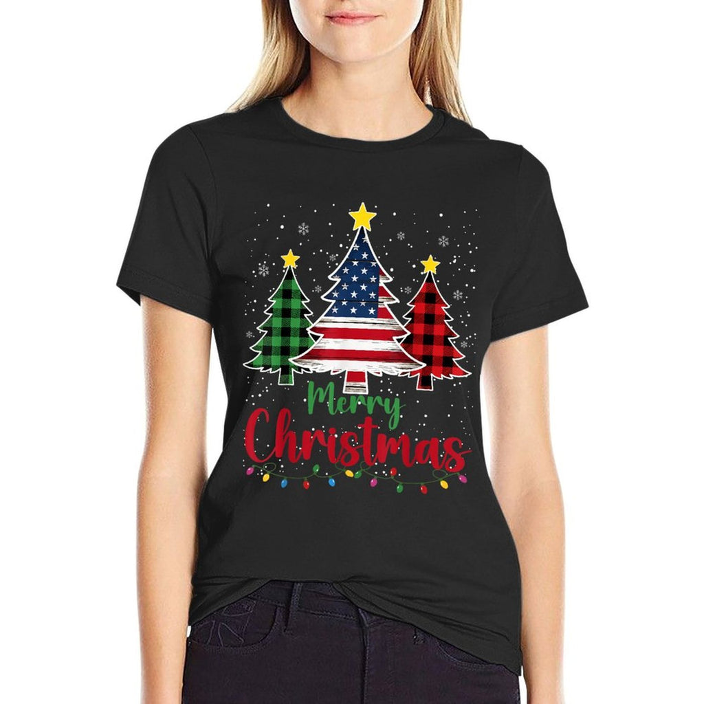 Merry Christmas Tree Plaid US Snowflake Xmas Men Women Comfortable T-Shirt