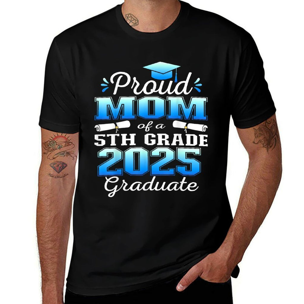 Proud Mom of 5th Grade Graduate 2025 Elementary Graduation  Ribbed Collar T-Shirt