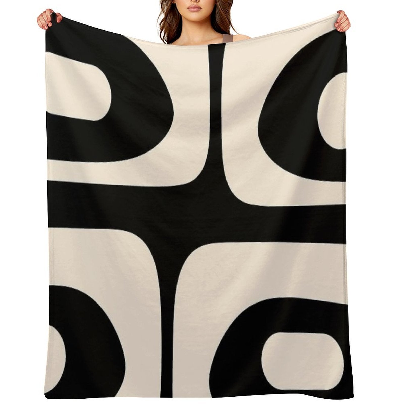 Retro Piquet Mid Century Modern Abstract Pattern 2 in Black And Almond Cream Quick-dry Throw Blanket