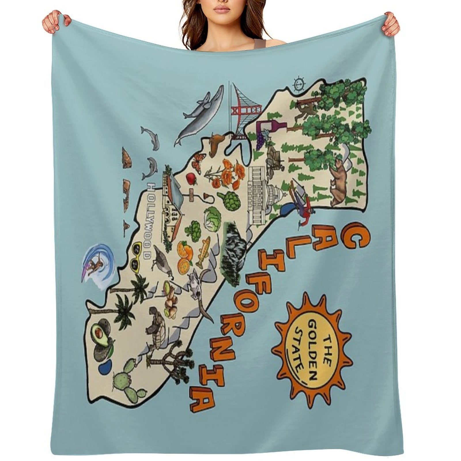 California State Map with Colorful Pictures Plush Throw Blanket