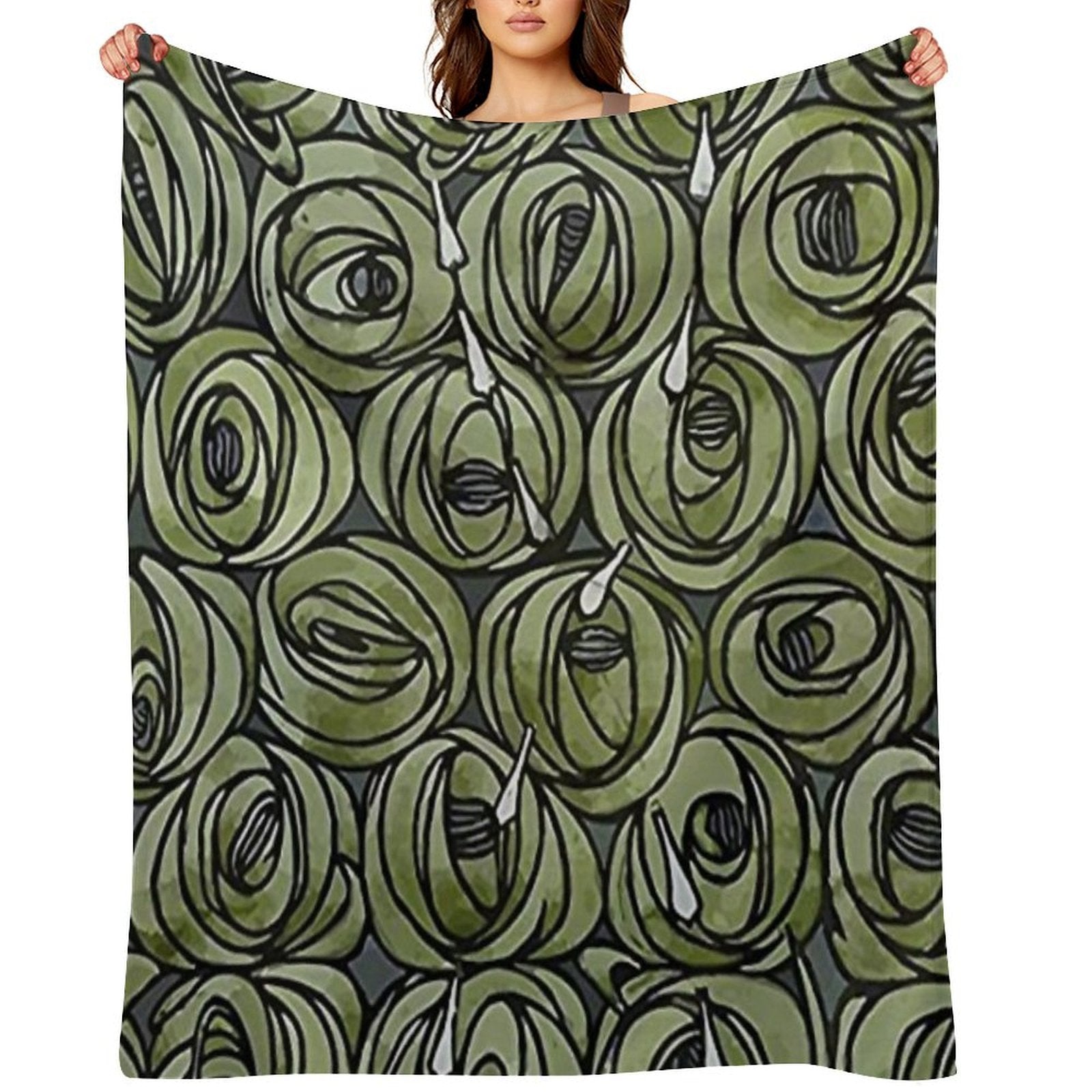 Charles Rennie Mackintosh - Roses  Teardrops, Olive Green Plush Throw Blanket