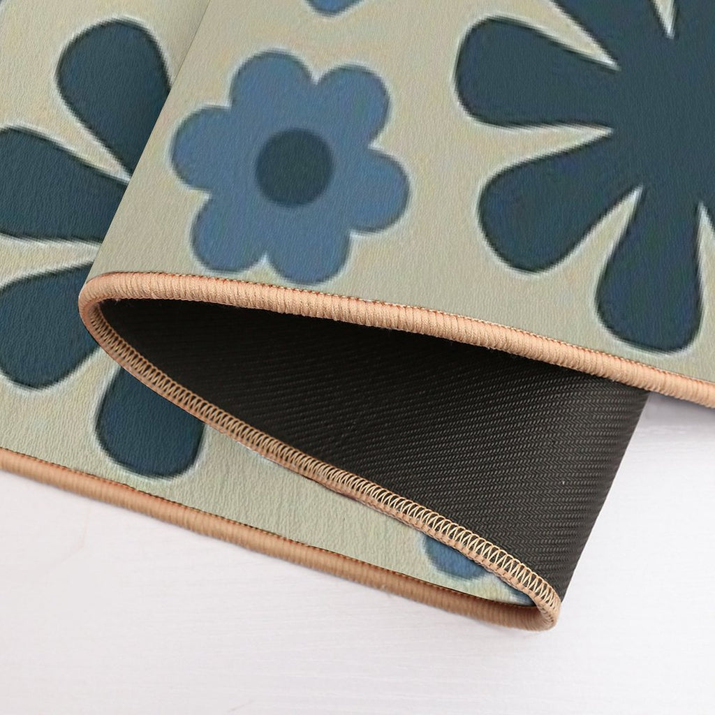Scandi Floral Grid Retro Pattern in Vintage Blue And Beige  Absorbent Bath Mat