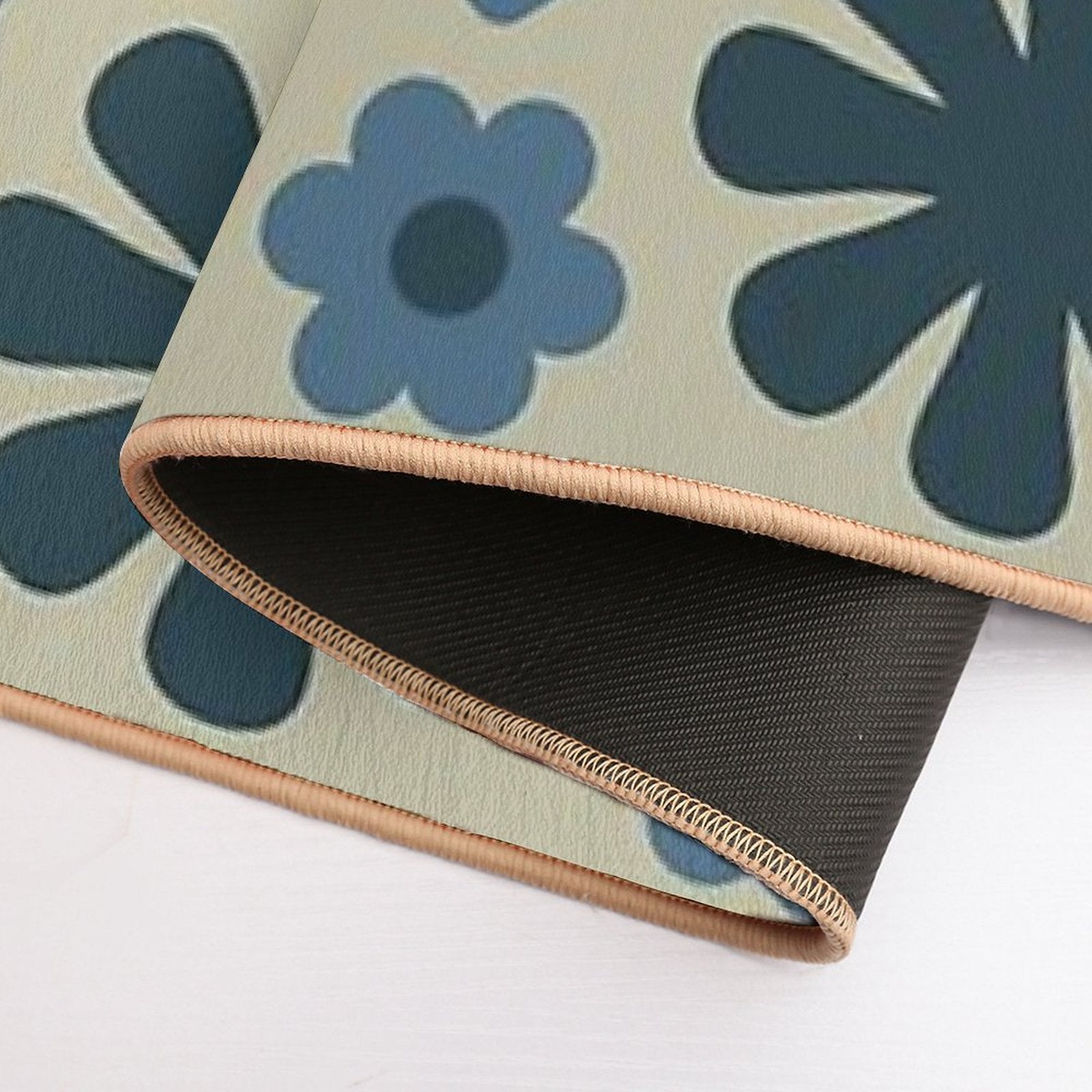 Scandi Floral Grid Retro Pattern in Vintage Blue And Beige  Absorbent Bath Mat