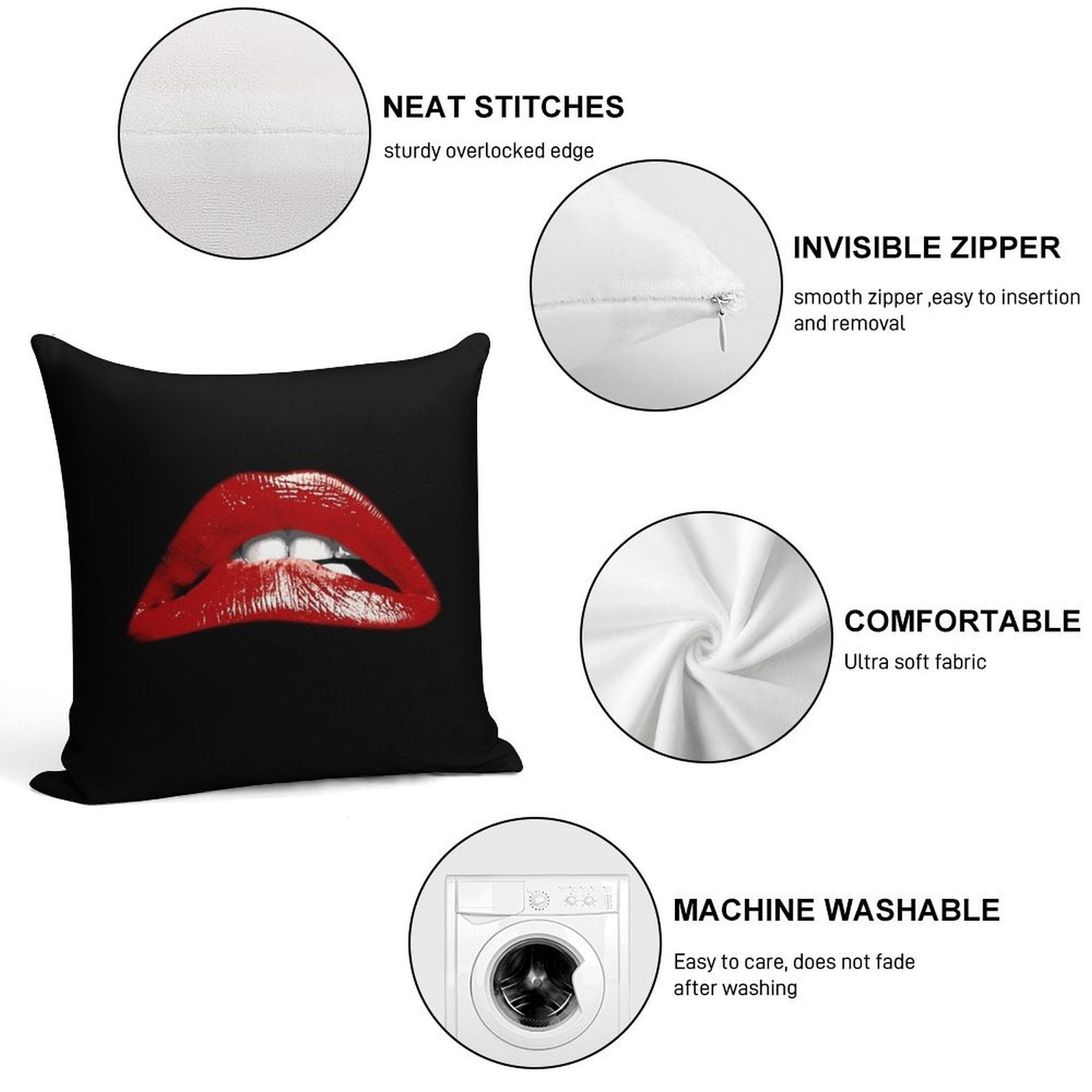 Rocky Lips Soft Short Plush Fabric Throw Pillow